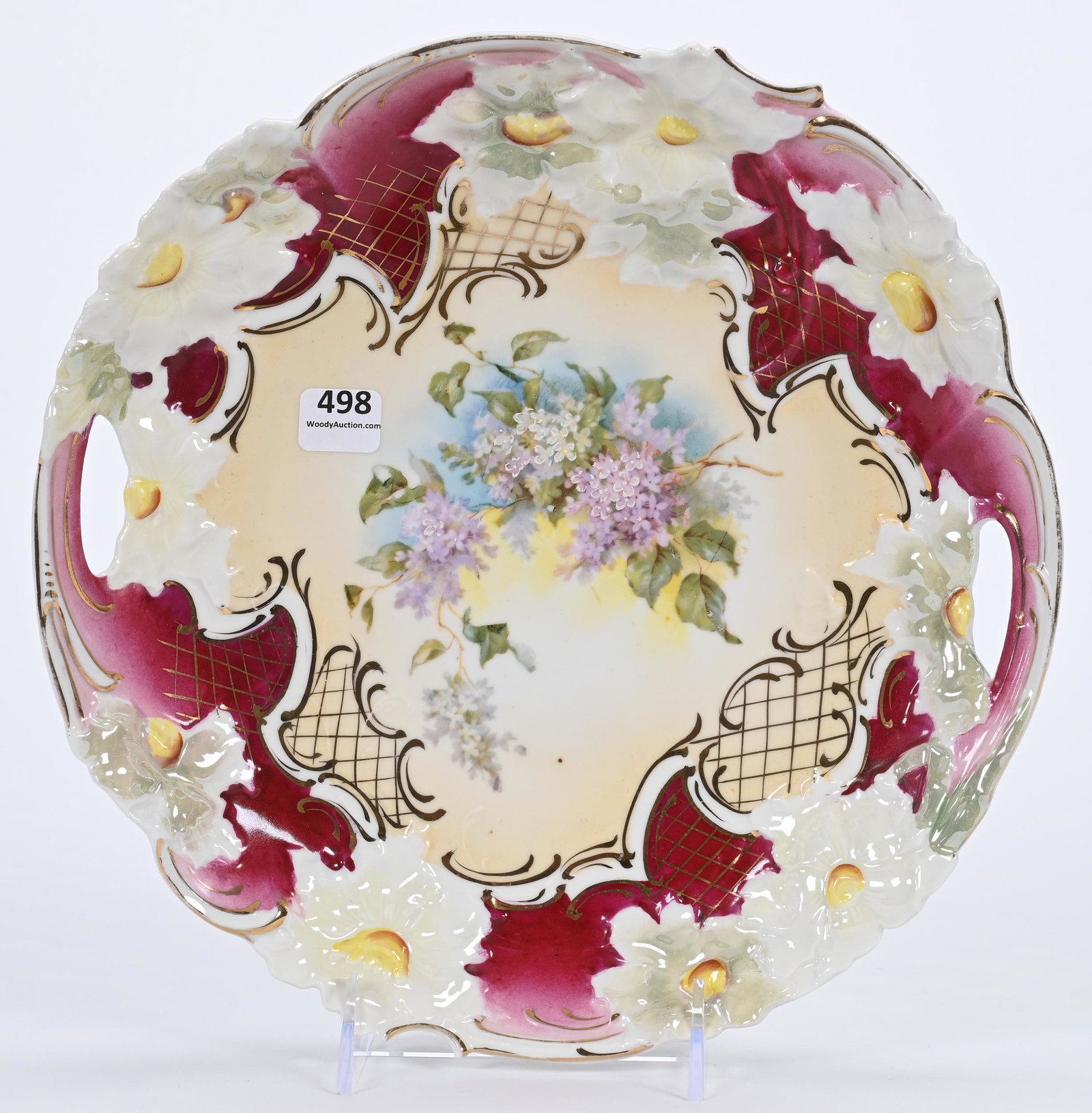 Cake Plate, Unmarked Early R.S. Prussia: Cake Plate, Unmarked Early R.S. Prussia, 10.75", Floral Mold, Cream Center, Violet Decor, Pink And Red Border, Gold Stencil Highlights, Brad & Eunice Witt Collection.