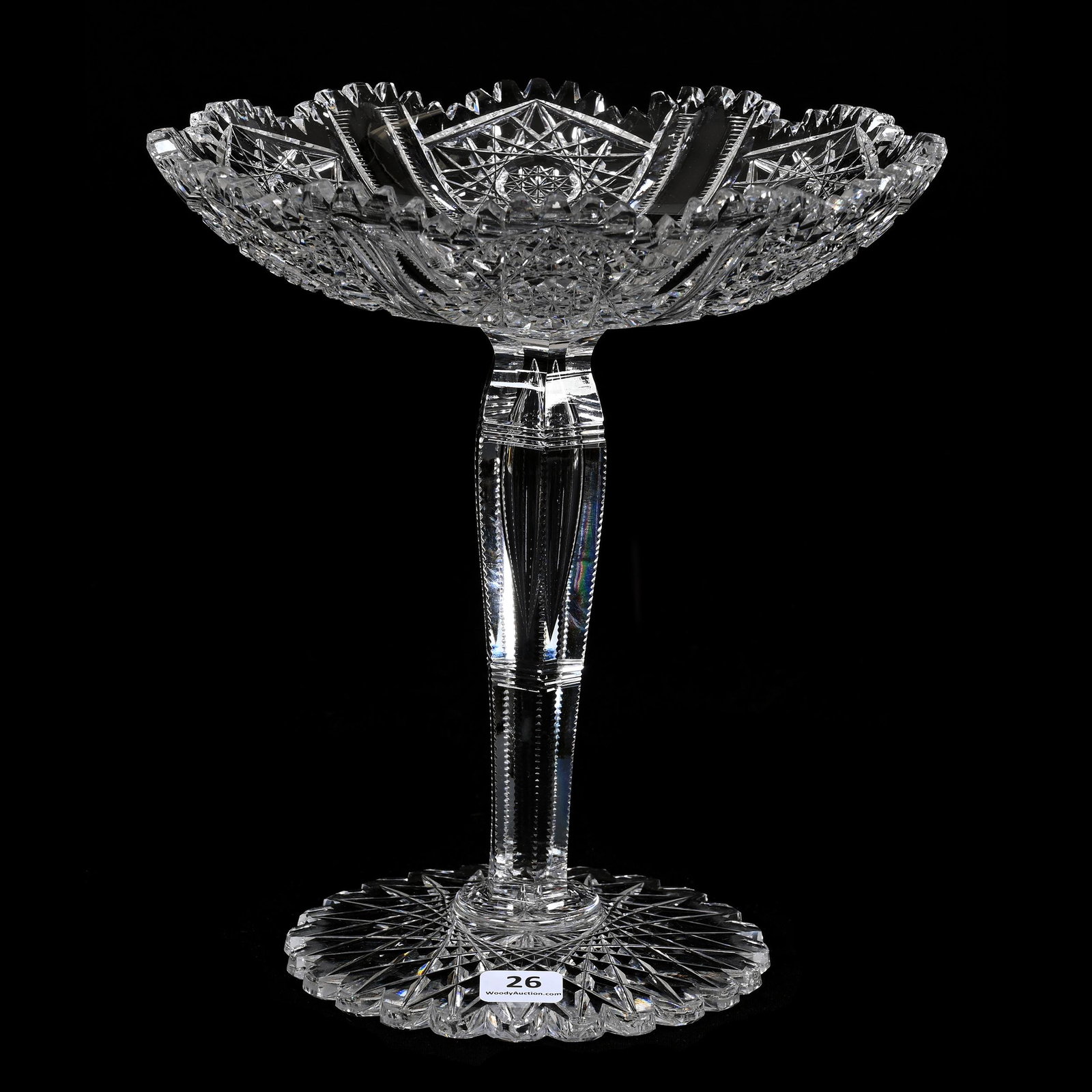Compote, ABCG, Nevada Pattern By Pairpoint: Compote, American Brilliant Cut Glass, Nevada Pattern By Pairpoint, 9.25" X 8.25", Teardrop Stem, Scalloped Hobstar Foot, Tooth Chip, Florida Private Collection.