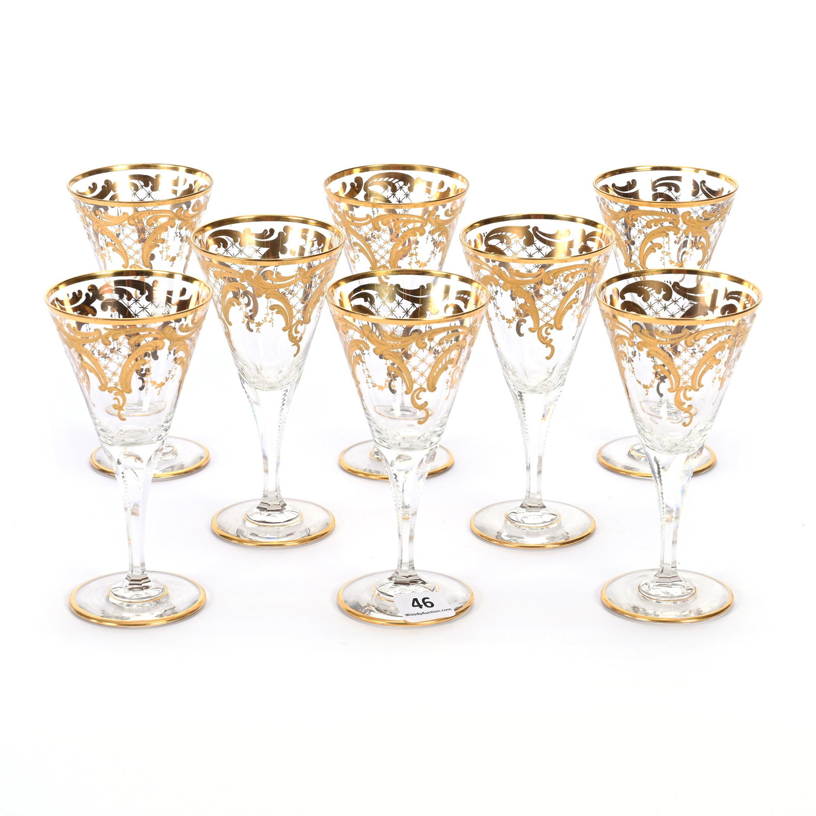 (8) Port Wine Stems, Attributed To Baccarat: (8) Port Wine Stems, Attributed To Baccarat, 5" X 2.5", Clear With Gold Enamel Scroll Decor, Florida Private Collection.
