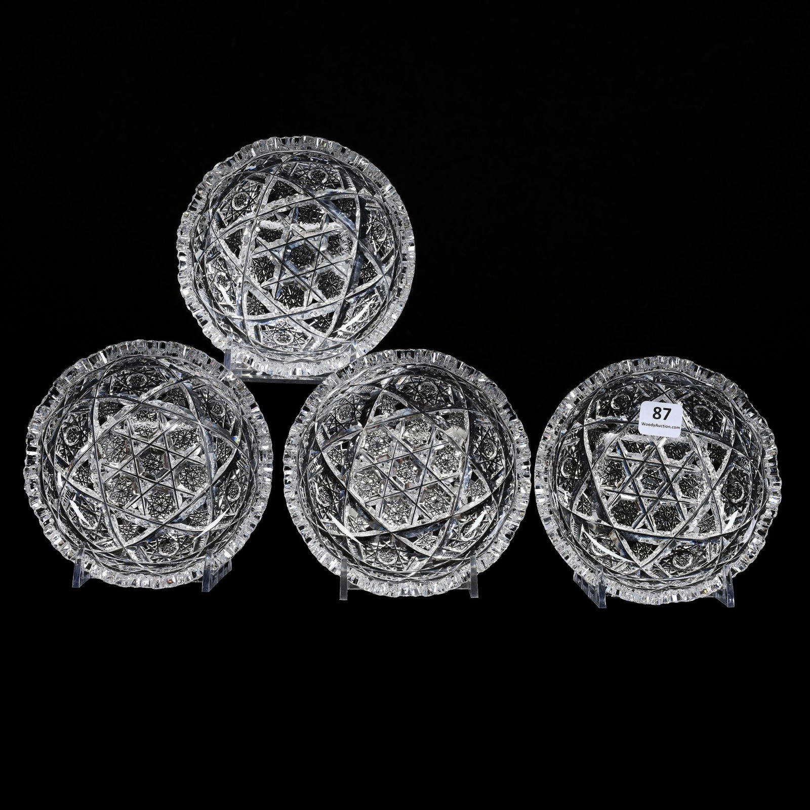 (4) Ice Cream Dishes, ABCG, Signed J. Hoare: (4) Ice Cream Dishes, American Brilliant Cut Glass, Signed J. Hoare, 5", Steuben Pattern, Tooth Chip On One, Florida Private Collection.