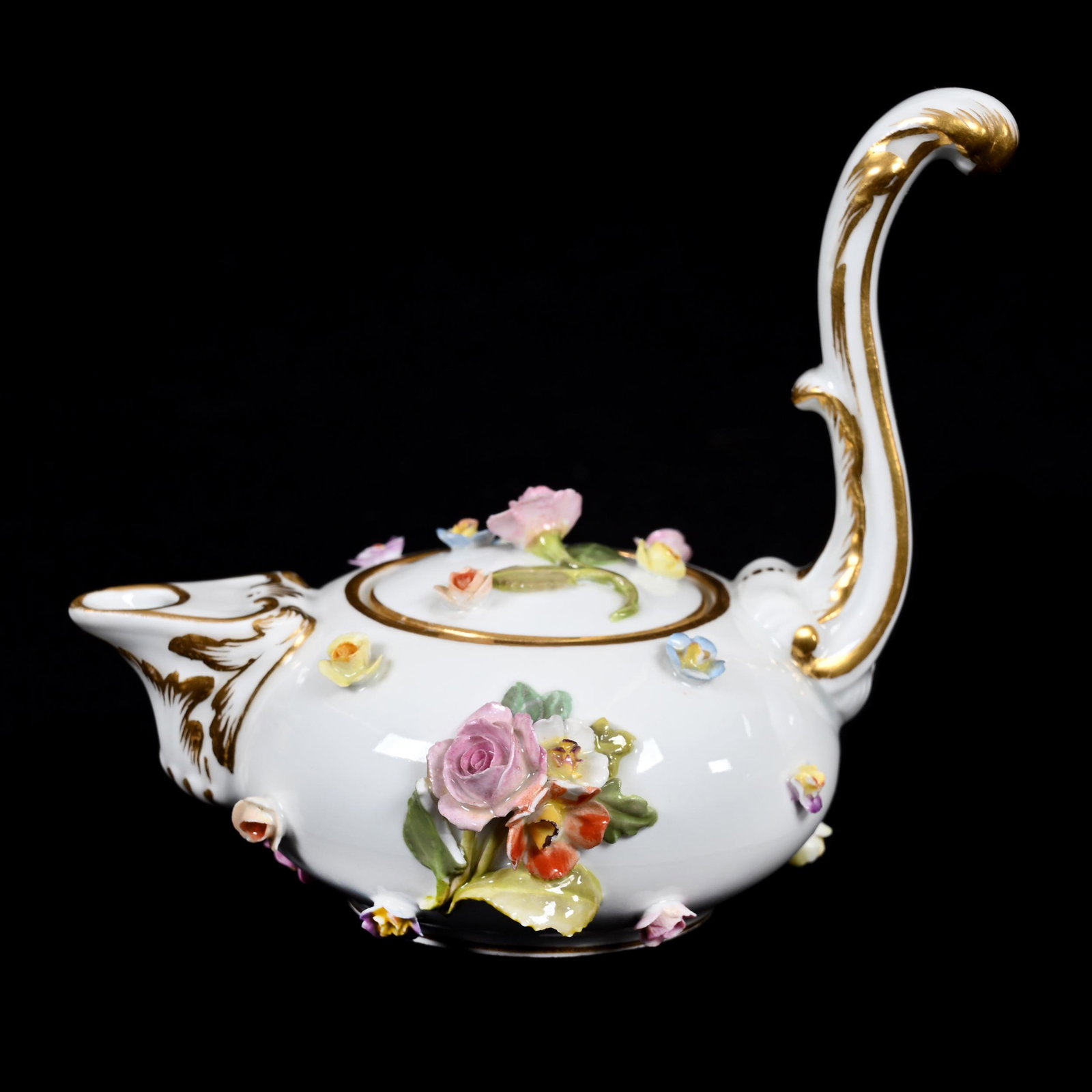 Miniature Tea Pot, Meissen 634 Blue Crossed Swords: Miniature Tea Pot, Meissen 634 Blue Crossed Swords, 4" X 4.5", White With Floral Applique Highlights, Unique Cat Tail Handle, Some Petal Damage, Florida Private Collection.