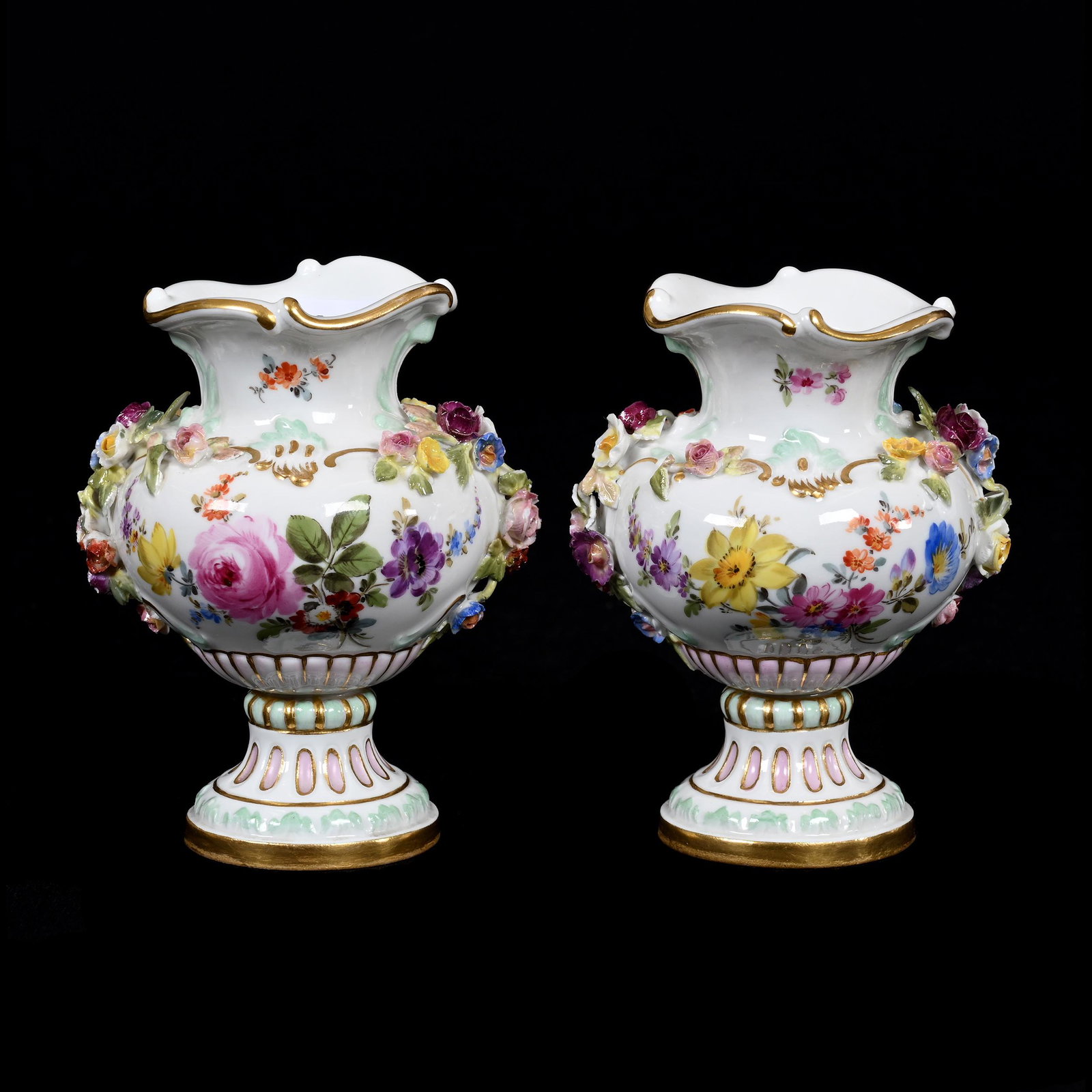 Pair Pedestal Vases, Meissen Blue Crossed Swords Mark: Pair Pedestal Vases, Meissen Blue Crossed Swords Mark, 3.75" X 3", White With Pink And Green Tones, Colorful Floral Decor, Floral Applique Highlights, Some Petal Damage, Florida Private Collection.