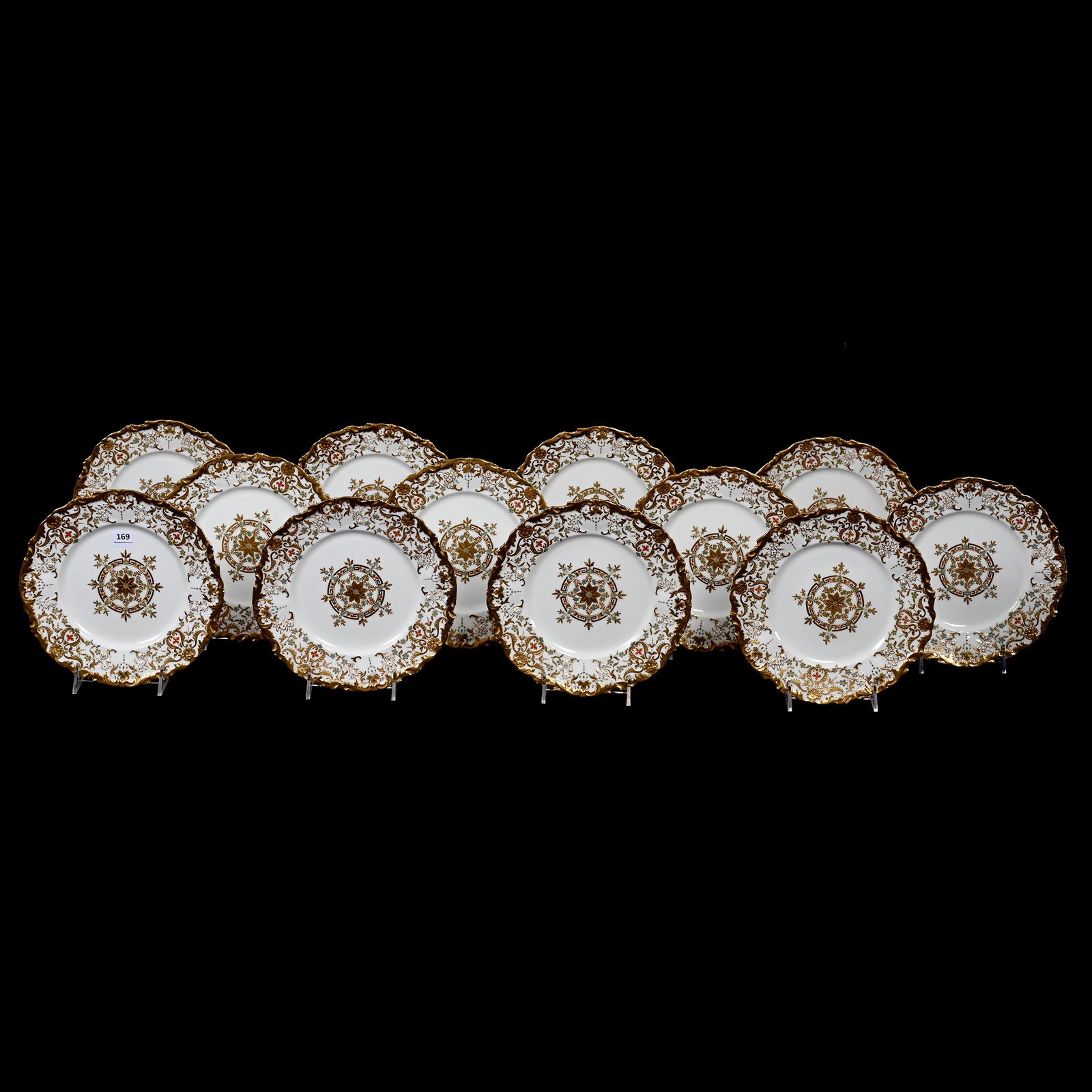 (12) Dinner Plates By W&C England: (12) Dinner Plates By W&C England, 8.75", White With Beautiful Gold Highlights, Made For Ovington's Of New York, One Plate With Hairline Near Edge, Florida Private Collection.