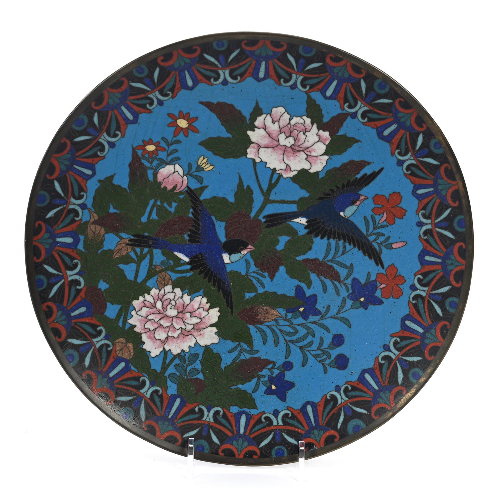 Cloisonne Plaque: Cloisonne Plaque, 10.25", Blue Ground With Bird And Floral Decor, Minor Loss On Base Ring, Florida Private Collection.