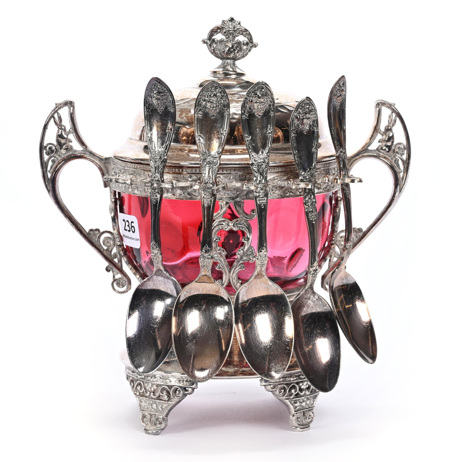 Victorian Sugar Bowl, Cranberry Art Glass Insert (1 of 4)