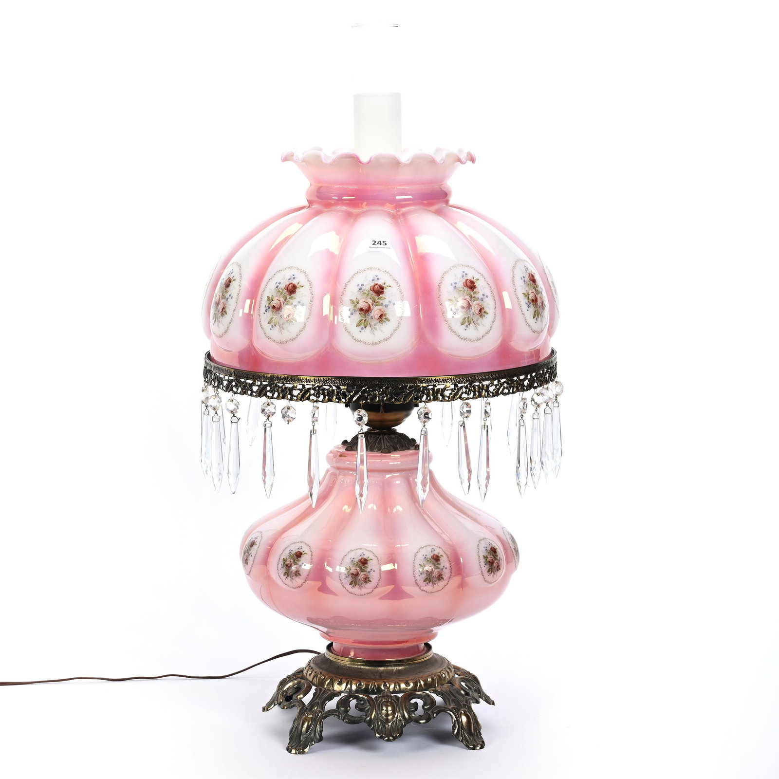 Parlor Lamp, Contemporary: Parlor Lamp, Contemporary, 24" X 14", Pink And White Luster, Melon Ribbed, Rose Decor, Medallion Highlights, Electrified, Pheobie Lea Stutheit Collection.