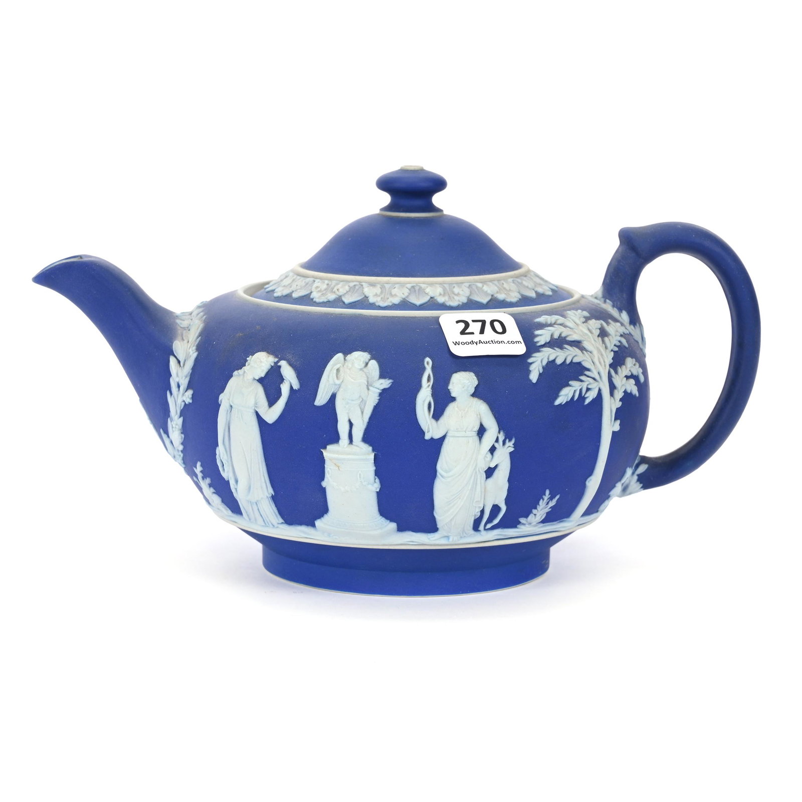 Tea Pot Marked Wedgwood MIE: Tea Pot Marked Wedgwood MIE, 5" X 8.5", Classic Blue And White Jasperware, Scenic Decor, Pheobie Lea Stutheit Collection.