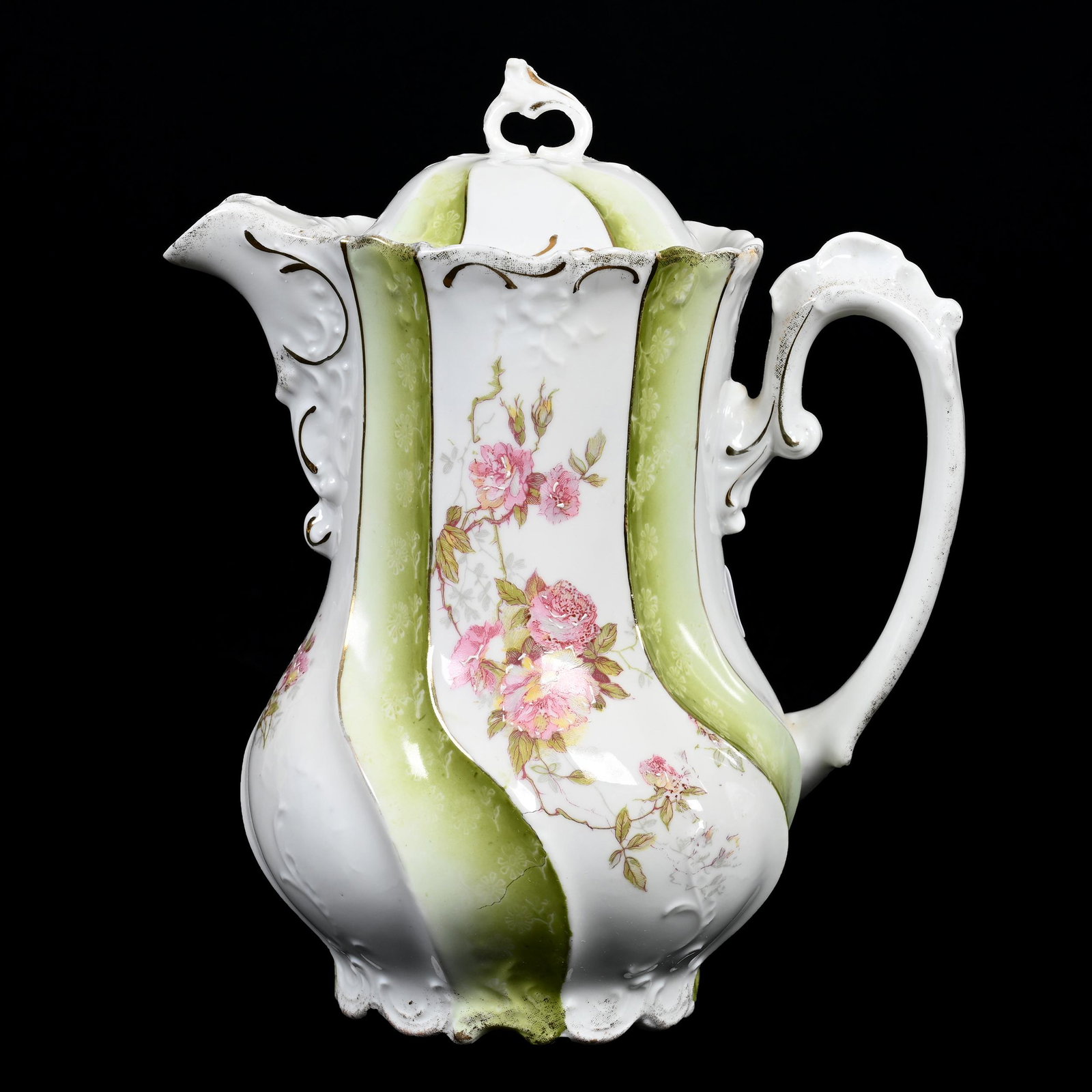 Chocolate Pot, Unmarked R.S. Prussia Style: Chocolate Pot, Unmarked R.S. Prussia Style, 8.25" X 7", Green And White, Pink Rose Decor, Pheobie Lea Stutheit Collection.