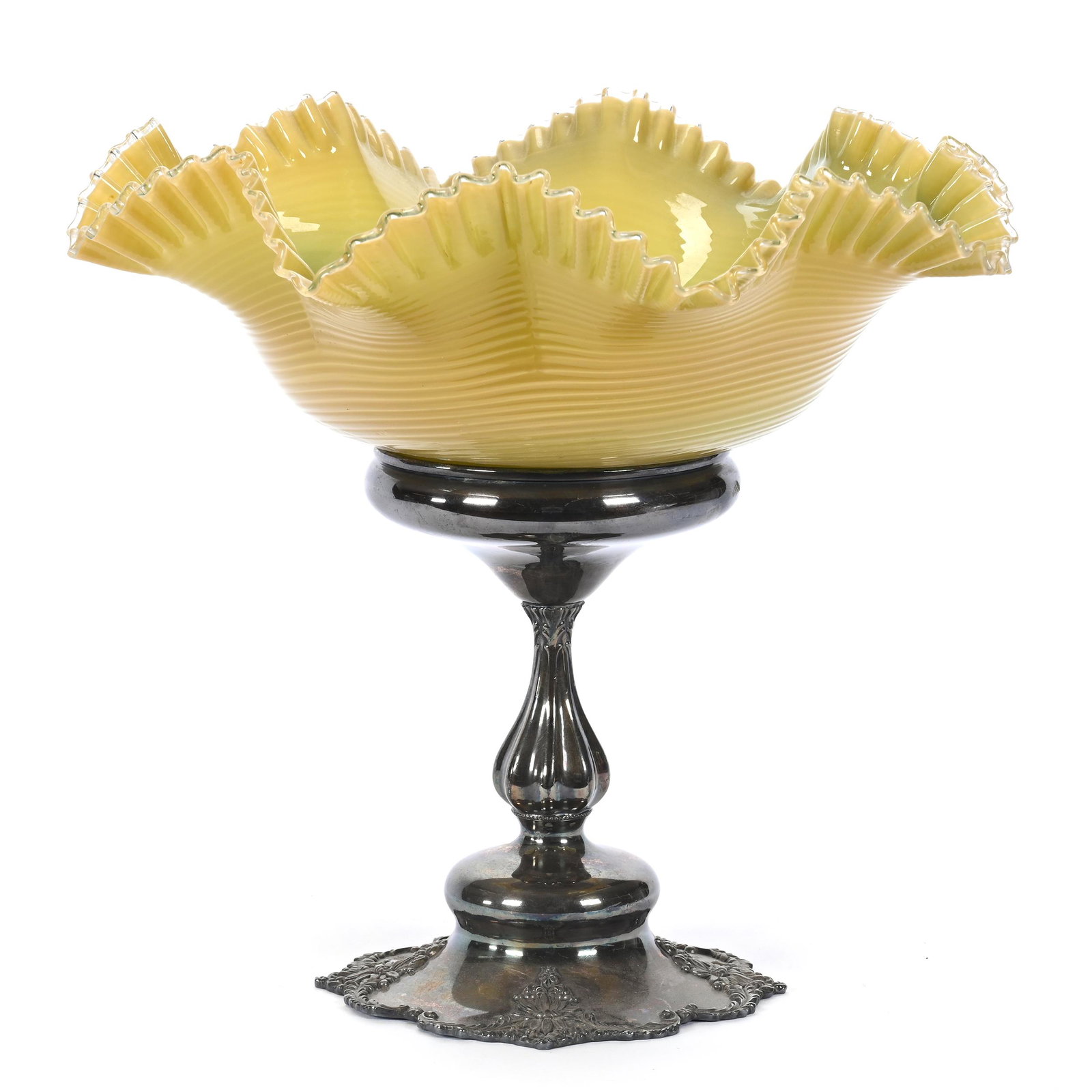 Victorian Brides Basket: Victorian Brides Basket, 10.25" X 11.25", Green And Yellow Cased Art Glass Bowl, Ruffled, Swirl Exterior, Set On Homan #1568 Silverplate Stand, Pheobie Lea Stutheit Collection.