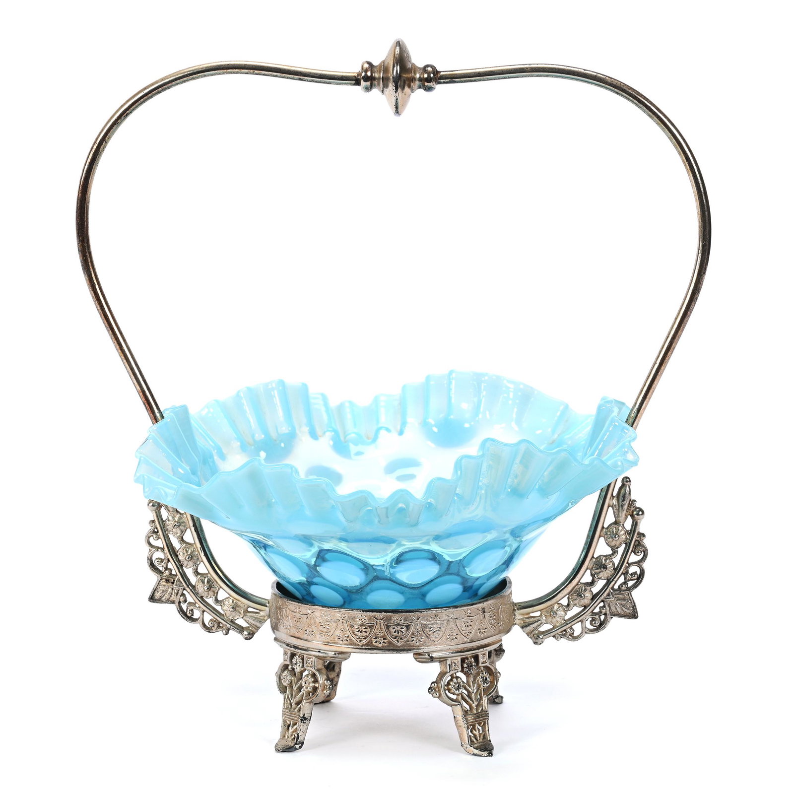 Victorian Brides Basket: Victorian Brides Basket, 11" X 10.25", Blue Opalescent Coinspot Art Glass Bowl, Married To Manhattan #570 Silverplate Frame, Pheobie Lea Stutheit Collection.