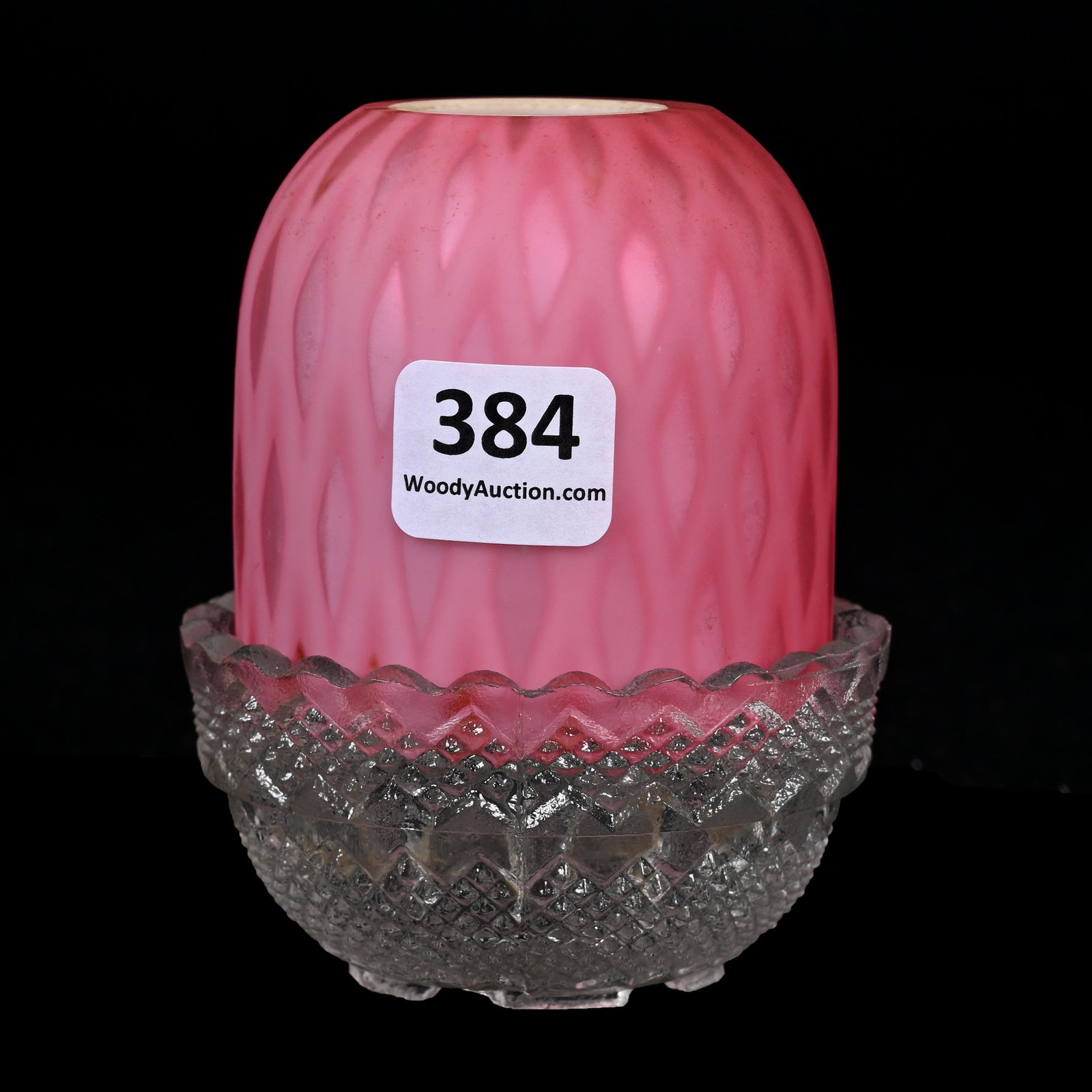 Fairy Lamp, Pink Satin Diamond Quilted MOP Shade: Fairy Lamp, Pink Satin Diamond Quilted MOP Shade, 3.75" X 2.75", Set On Clear Clarks Base, Nebraska Private Collection.