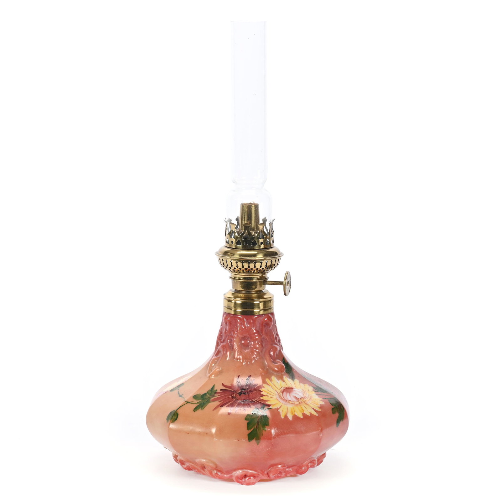 Kerosene Lamp, Unmarked Pairpoint: Kerosene Lamp, Unmarked Pairpoint, 8" X 6", Brown And Green Tones, Floral Decor, Embossed Floral Mold, Kerosene Burner, Nebraska Private Collection.