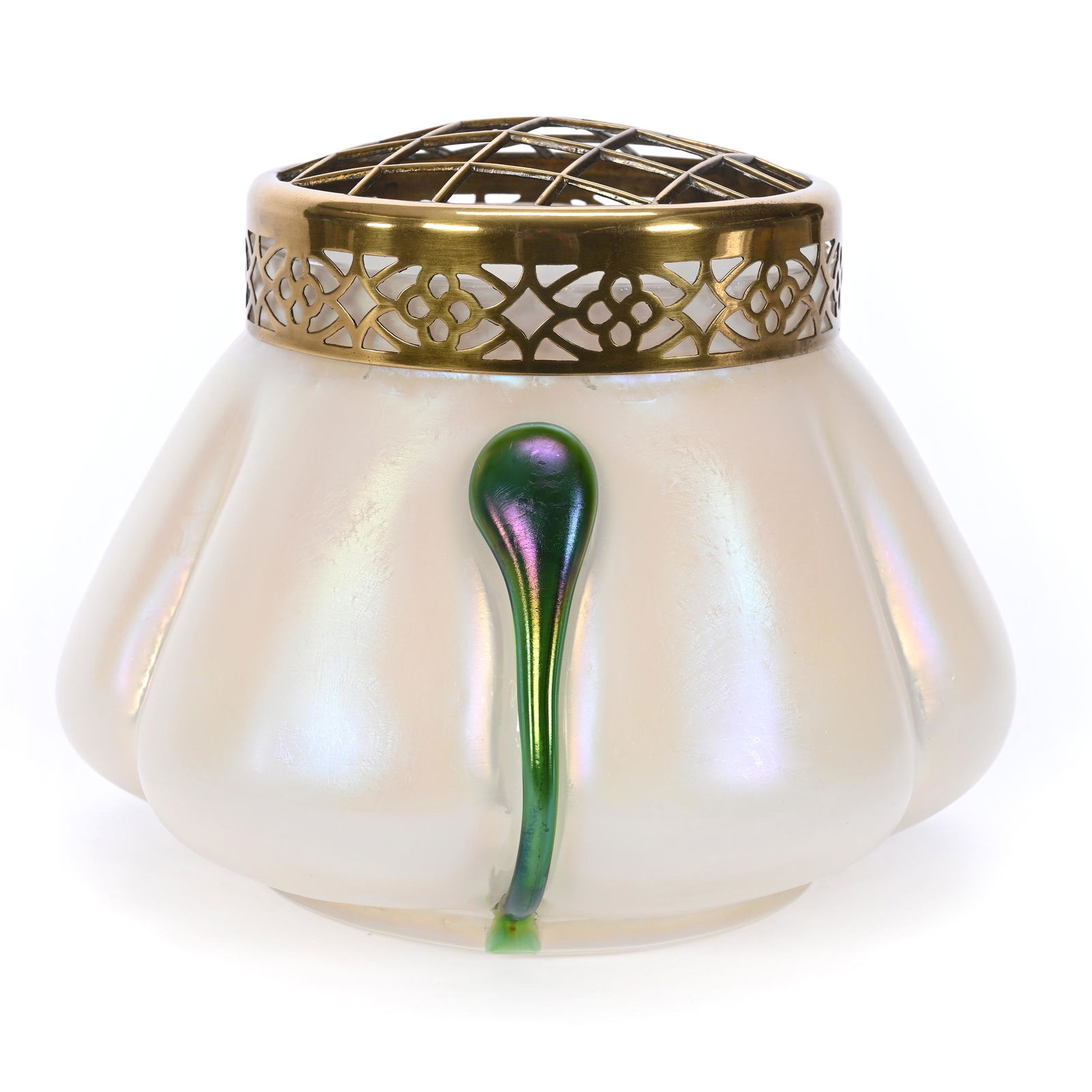 Vase, Kralik White Iridescent W/Green Applied Tadpoles (1 of 4)