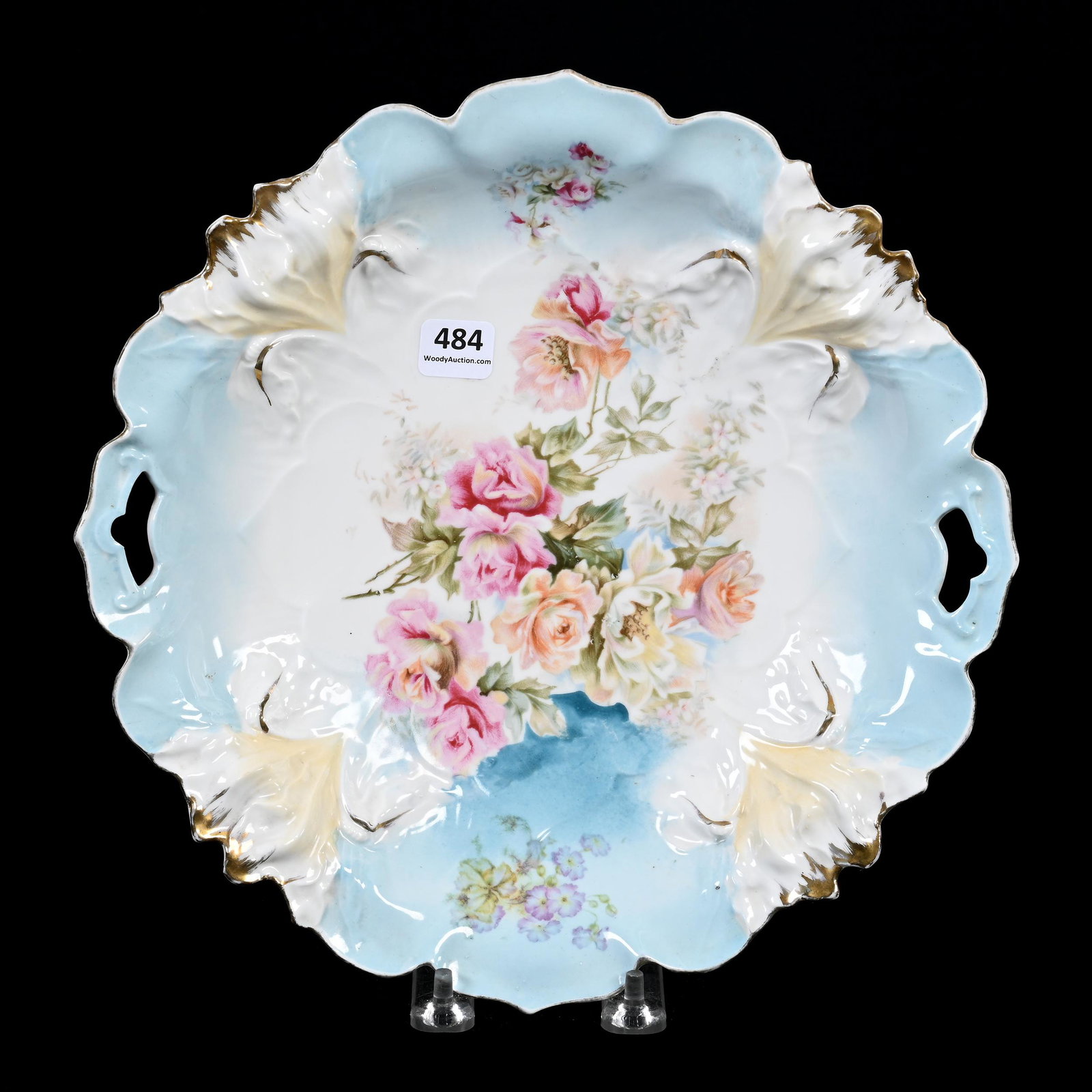 Cake Plate, Unmarked R.S. Prussia: Cake Plate, Unmarked R.S. Prussia, 11", Iris Mold, Blue And White Tones, Rose Decor, Donna Steele Collection.
