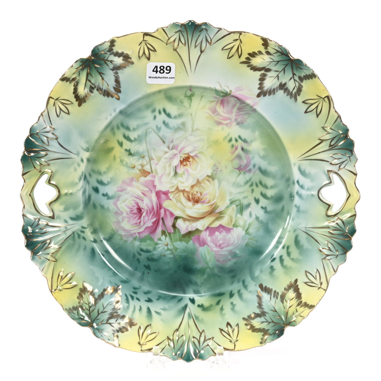 Cake Plate Marked Wheelock Prussia: Cake Plate Marked Wheelock Prussia, 10.5", Oak Leaf Mold, Green And Yellow Tones, Rose Decor, Gold Stencil Highlights, Jimmie Parsons Collection.