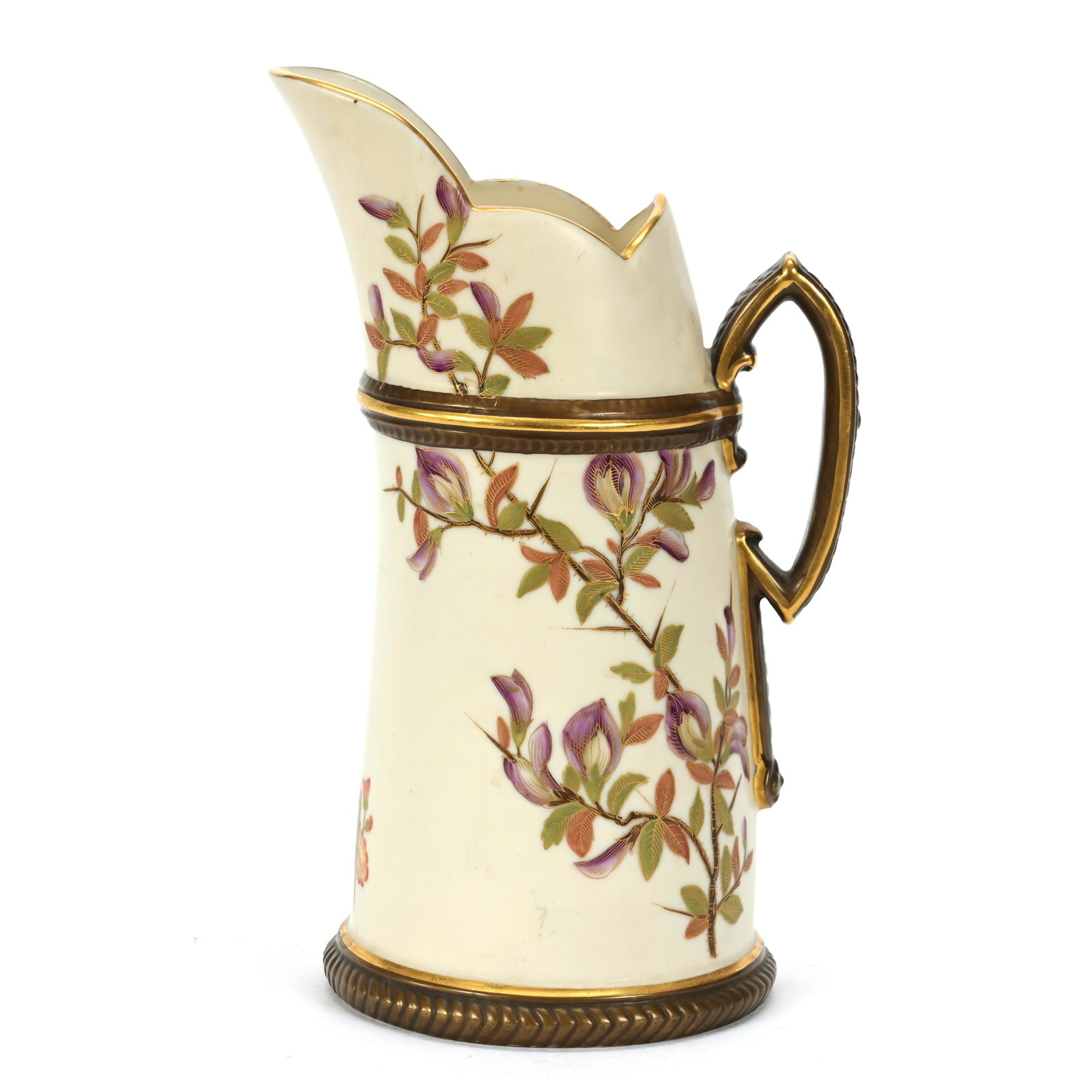 Pitcher Marked Royal Worcester: Pitcher Marked Royal Worcester, 8.75" X 4.75", Tusk Shape, Cream Tones, Floral Decor, Jimmie Parsons Collection.