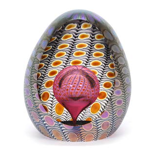 Paperweight, Contemporary Art Glass: Paperweight, Contemporary Art Glass, 3.5" X 3", Egg Shape, Signed And Dated 2004, Highly Iridescent Design With Cranberry Bubble Interior, Jimmie Parsons Collection.