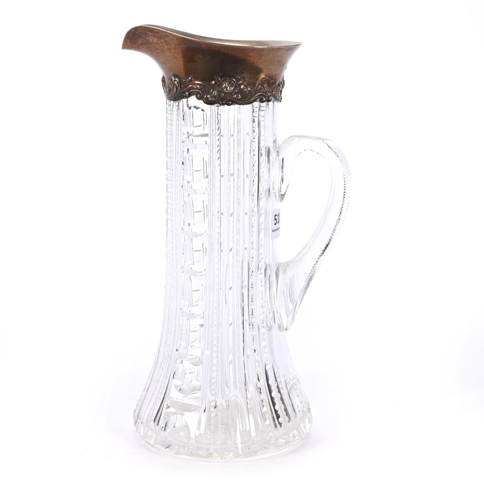 Tankard, American Brilliant Cut Glass, Sterling Spout: Tankard, American Brilliant Cut Glass, Sterling Spout, 10.25" X 5.5", Prism And Punty Motif, Gorham #D397 Sterling Spout, Ray Cut Base, Jimmie Parsons Collection.
