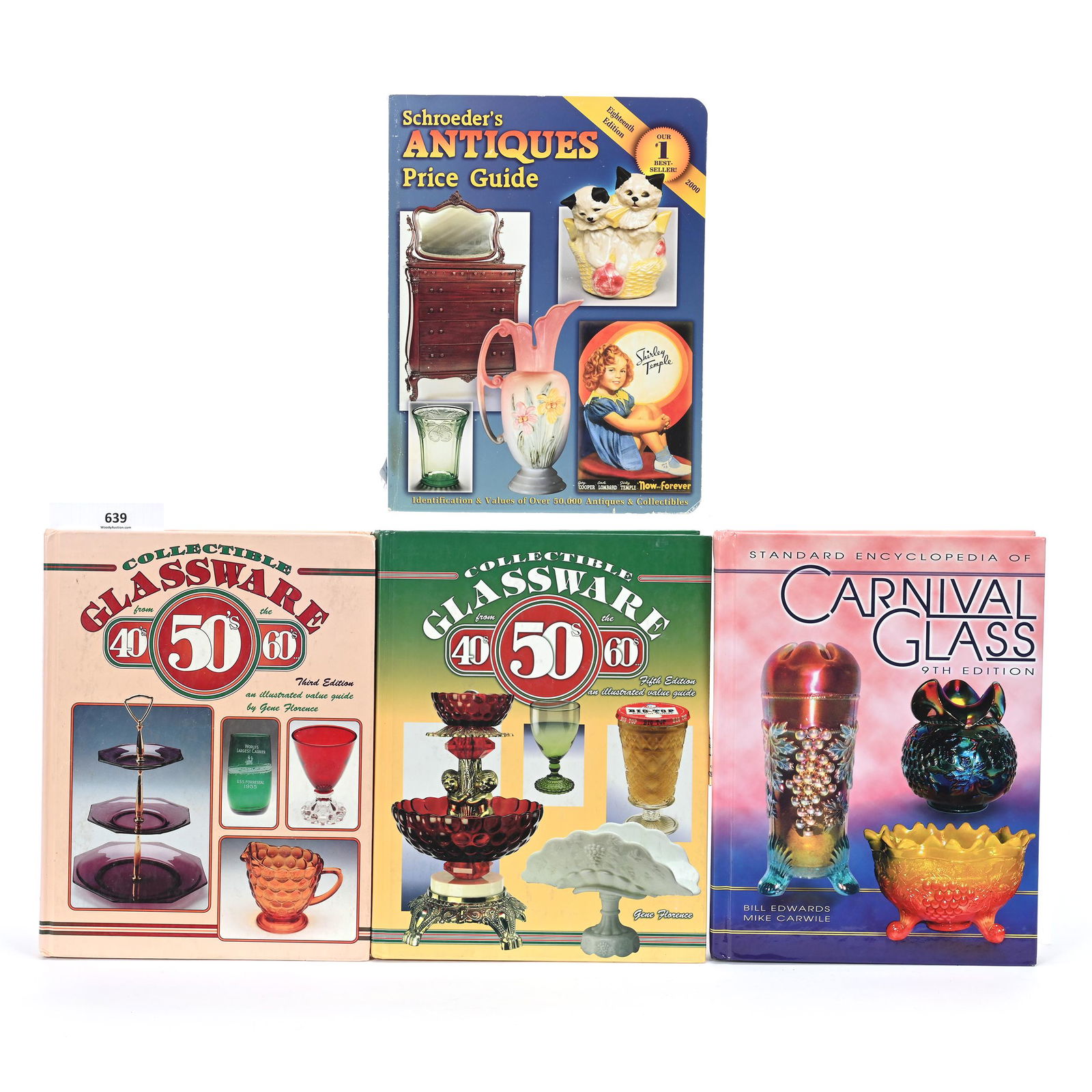 (4) Books About Antiques, Carnival Glass, Etc.: (4) Books About Antiques, Carnival Glass, Etc., (1) Collectible Glassware From The 40's, 50's, 60's, Third Edition, By Gene Florence, 1996, (1) Collectible Glassware From The 40's, 50's, 60's, Fifth E