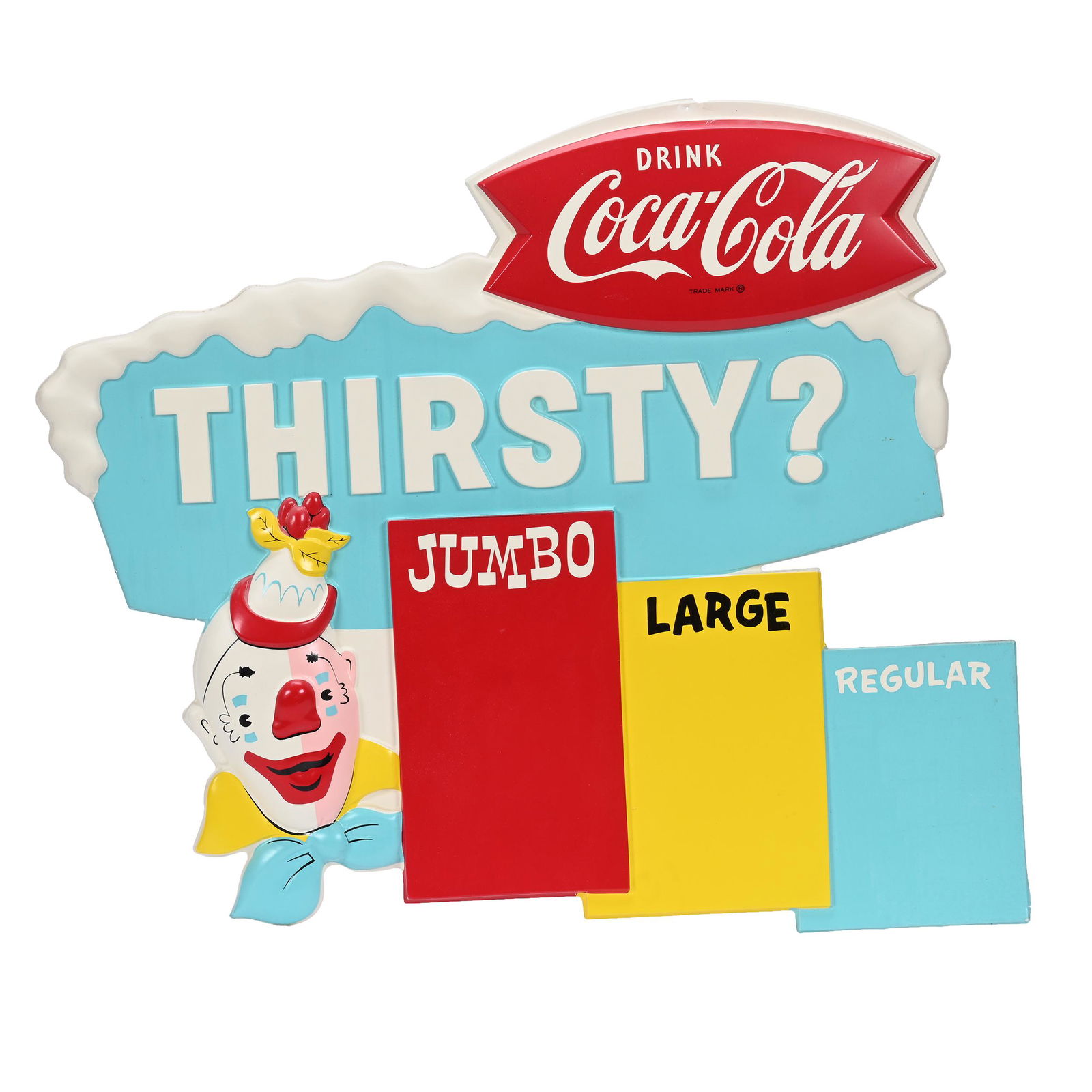 1960's Coca-Cola Vacuform Sign, Clown, "Thirsty?" (1 of 3)