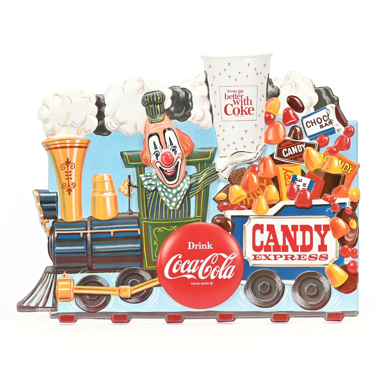 1960's Coca-Cola Vacuform Sign, Clown On Train (1 of 2)