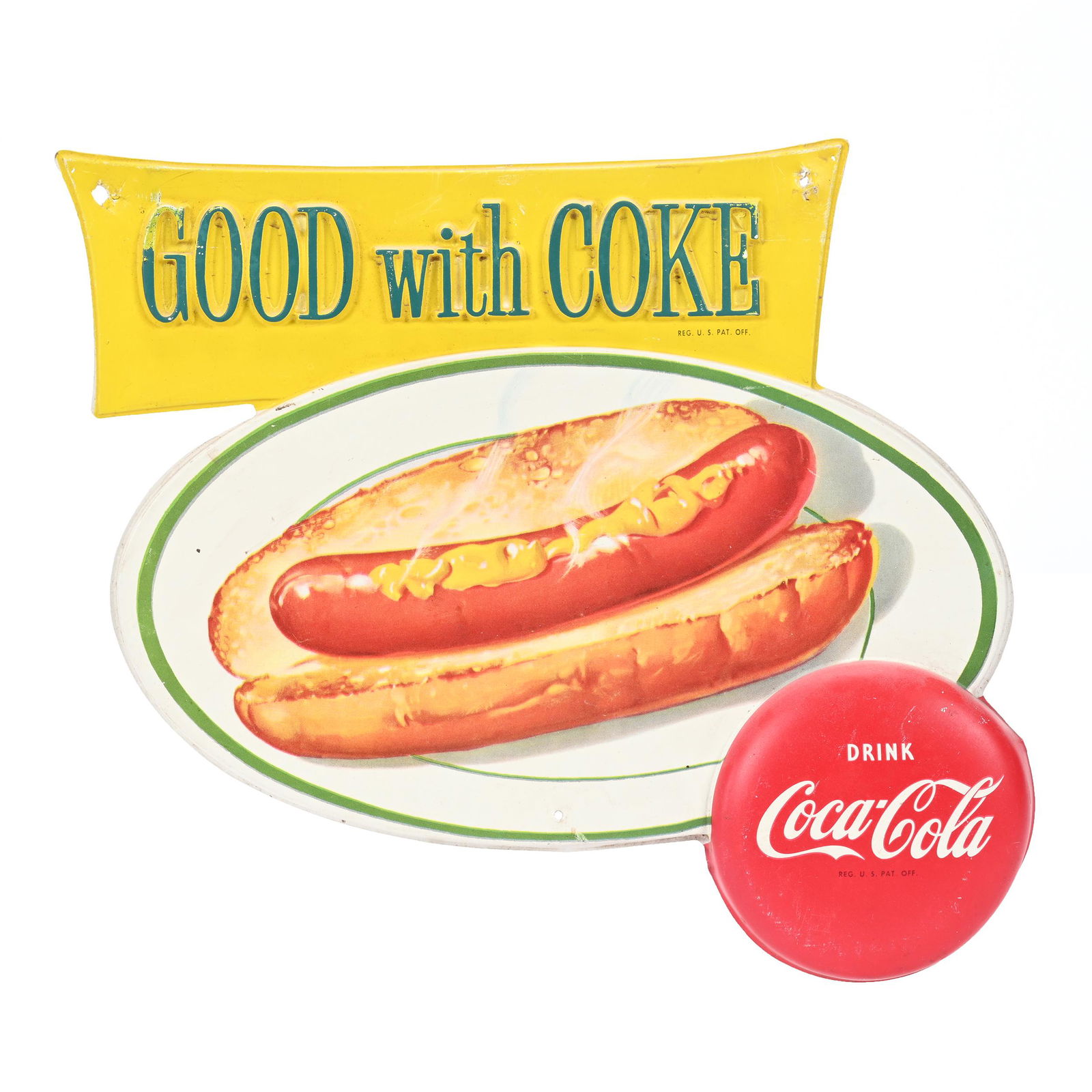 1960's Coca-Cola Vacuform Sign, Hot Dog, Button (1 of 2)