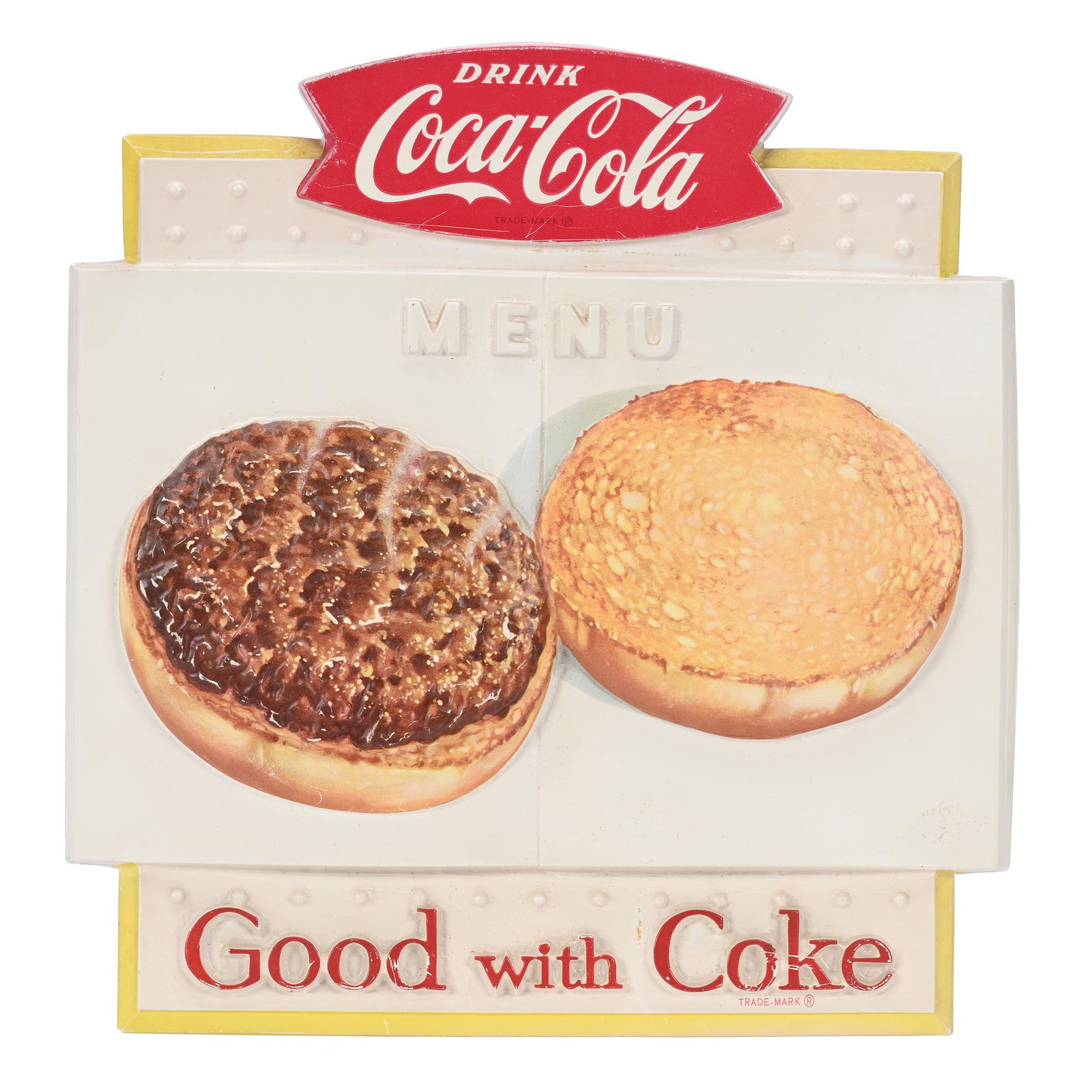 1960's Coca-Cola Vacuform Sign, Hamburger, Fishtail (1 of 2)