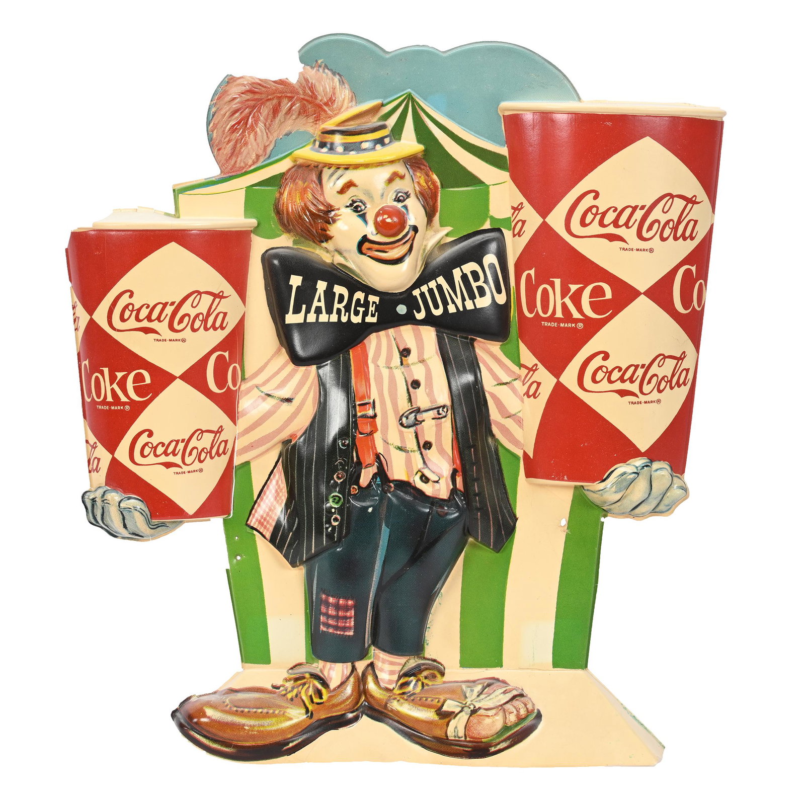 1960's Coca-Cola Vacuform Sign, Clown With 2 Diamond Cups: 1960's Coca-Cola Vacuform Sign, Clown With 2 Diamond Cups, 12" x 16", "Large Jumbo", Large Chip Near Feather, Edge Chips, Hot Glue Repair Along Bottom Edge, Private Collection, Kansas.