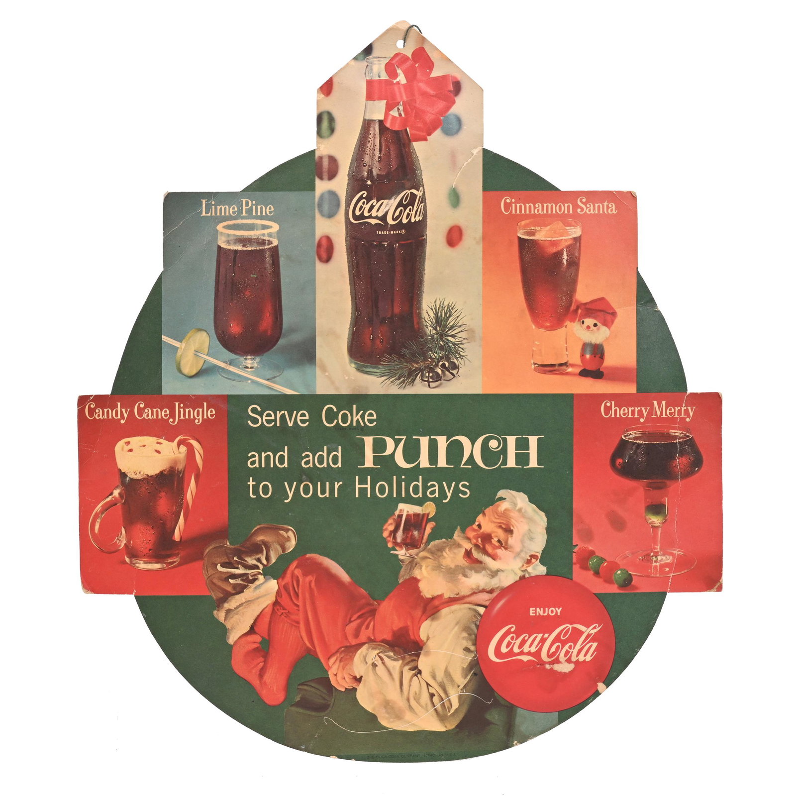 1950's Hanger, Coca-Cola Advertising: 1950's Hanger, Coca-Cola Advertising, 16" x 13.5", "Serve Coke And Add Punch To Your Holidays", Some Bends, Creases, Tears And Wear, Private Collection, Kansas.