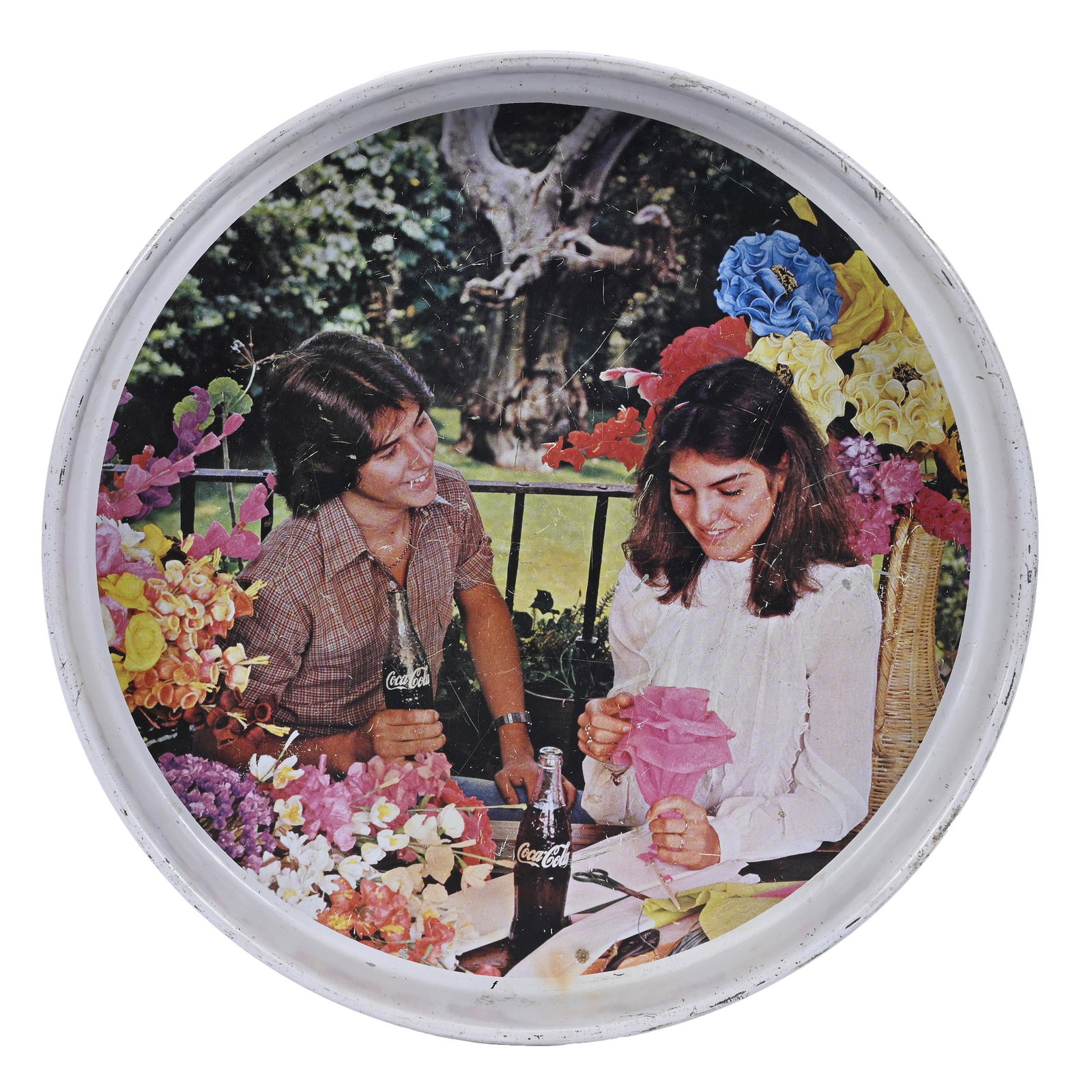 1979 Coca-Cola Mexican Tray: 1979 Coca-Cola Mexican Tray, 13" diameter, "Tome Coca-Cola Bien Fria" (On Back), Mostly White Background Surface Scratches, Private Collection, Kansas.