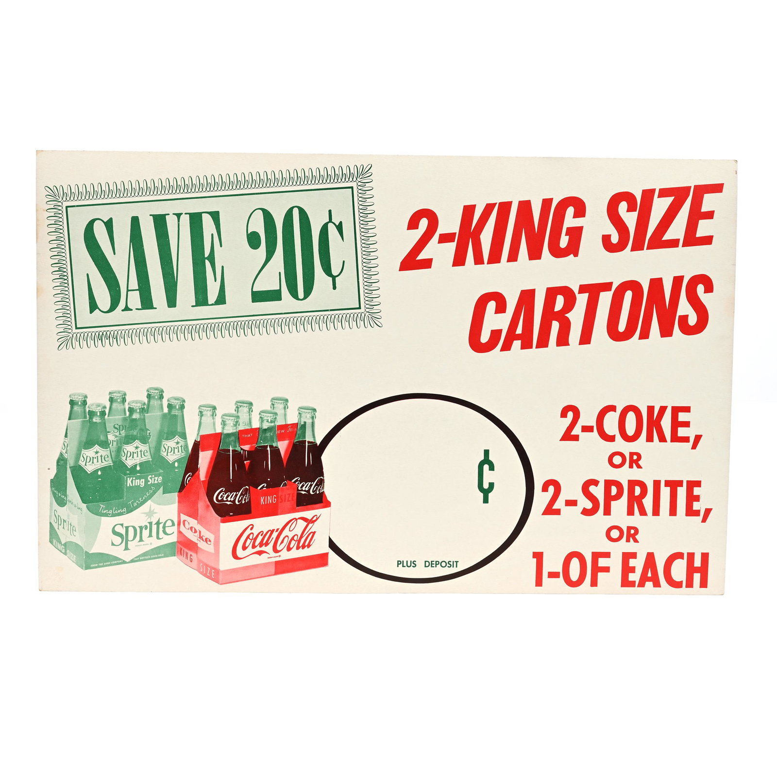 Cardboard Sign, Coca-Cola & Sprite, 1960's: Cardboard Sign, Coca-Cola & Sprite, 1960's, 14" x 22", "Save 20¢", Private Collection, Kansas.