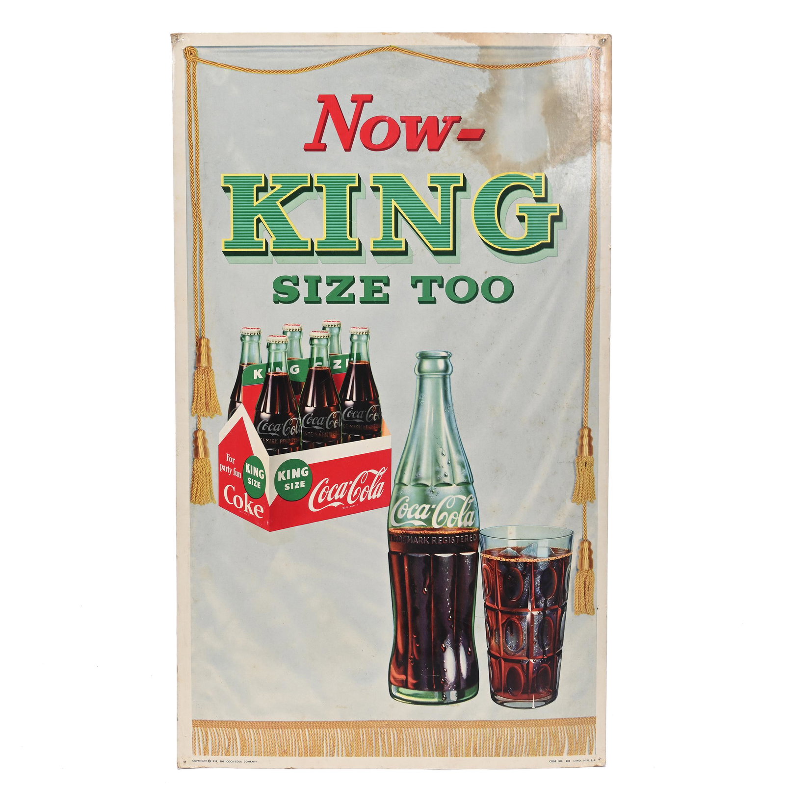 Cardboard Easel Sign, Coca-Cola, 1958: Cardboard Easel Sign, Coca-Cola, 1958, 27" x 15", "Now King Size Too", Some Water Staining On Top Corner, Private Collection, Kansas.