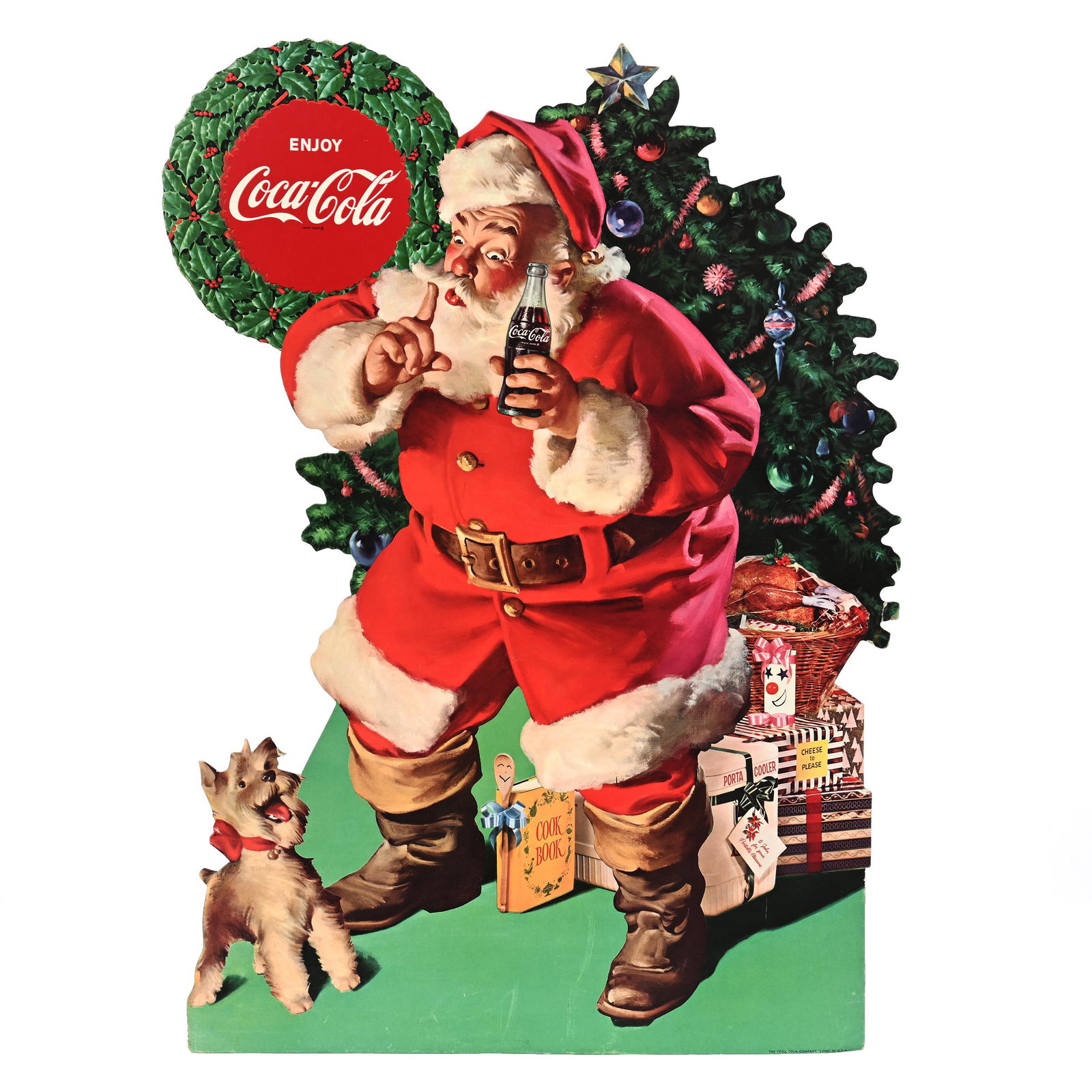Cardboard Easel Sign, Coca-Cola, 1960's: Cardboard Easel Sign, Coca-Cola, 1960's, 24" x 17.5", Santa, Tree And Dog, "Enjoy Coca-Cola", Private Collection, Kansas.