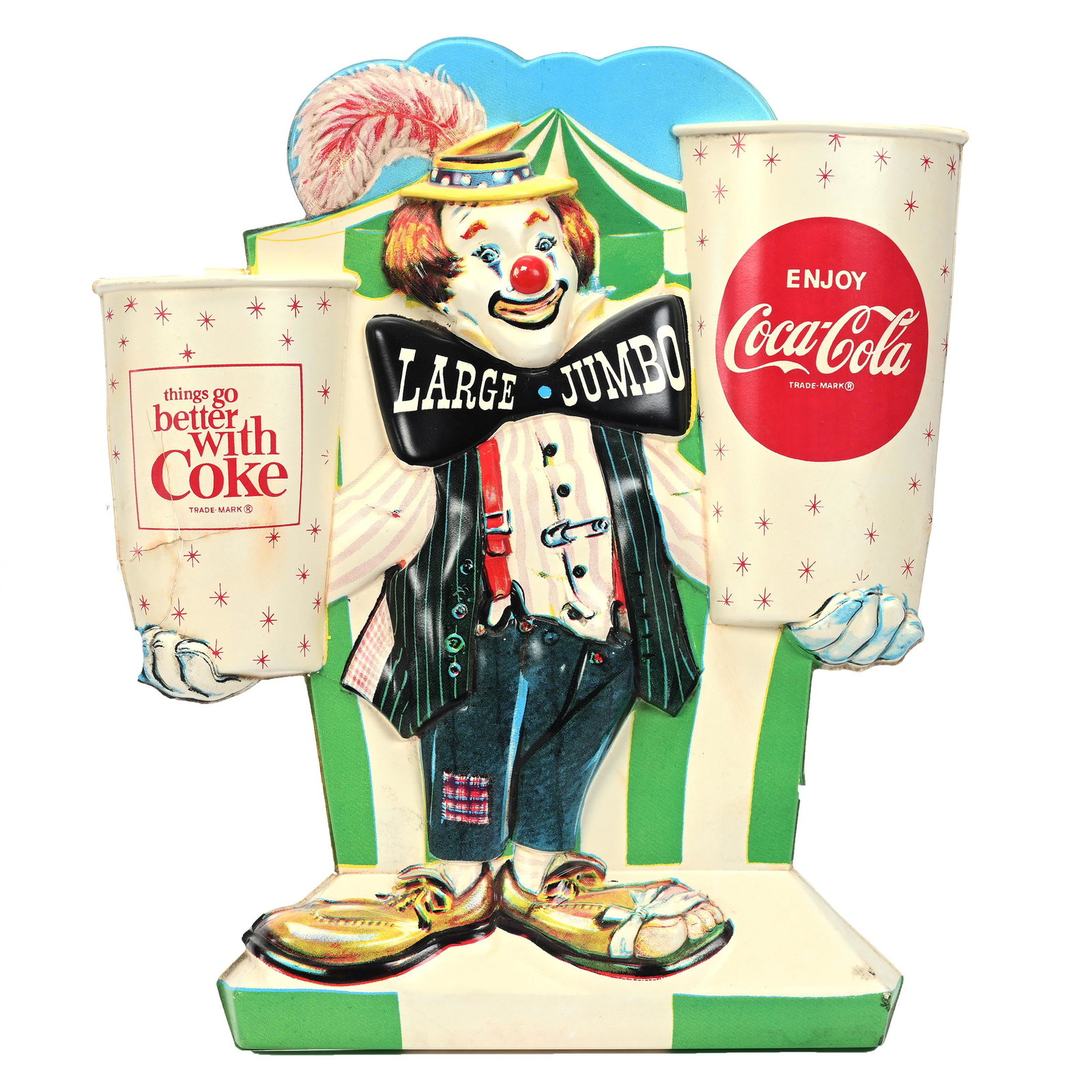 1960's Coca-Cola Vacuform Sign, Clown With 2 Star Cups: 1960's Coca-Cola Vacuform Sign, Clown With 2 Star Cups, 12" x 16", "Large Jumbo", Right Hand Cup Has Cracks With Tape On Reverse Holding Together, Private Collection, Kansas.