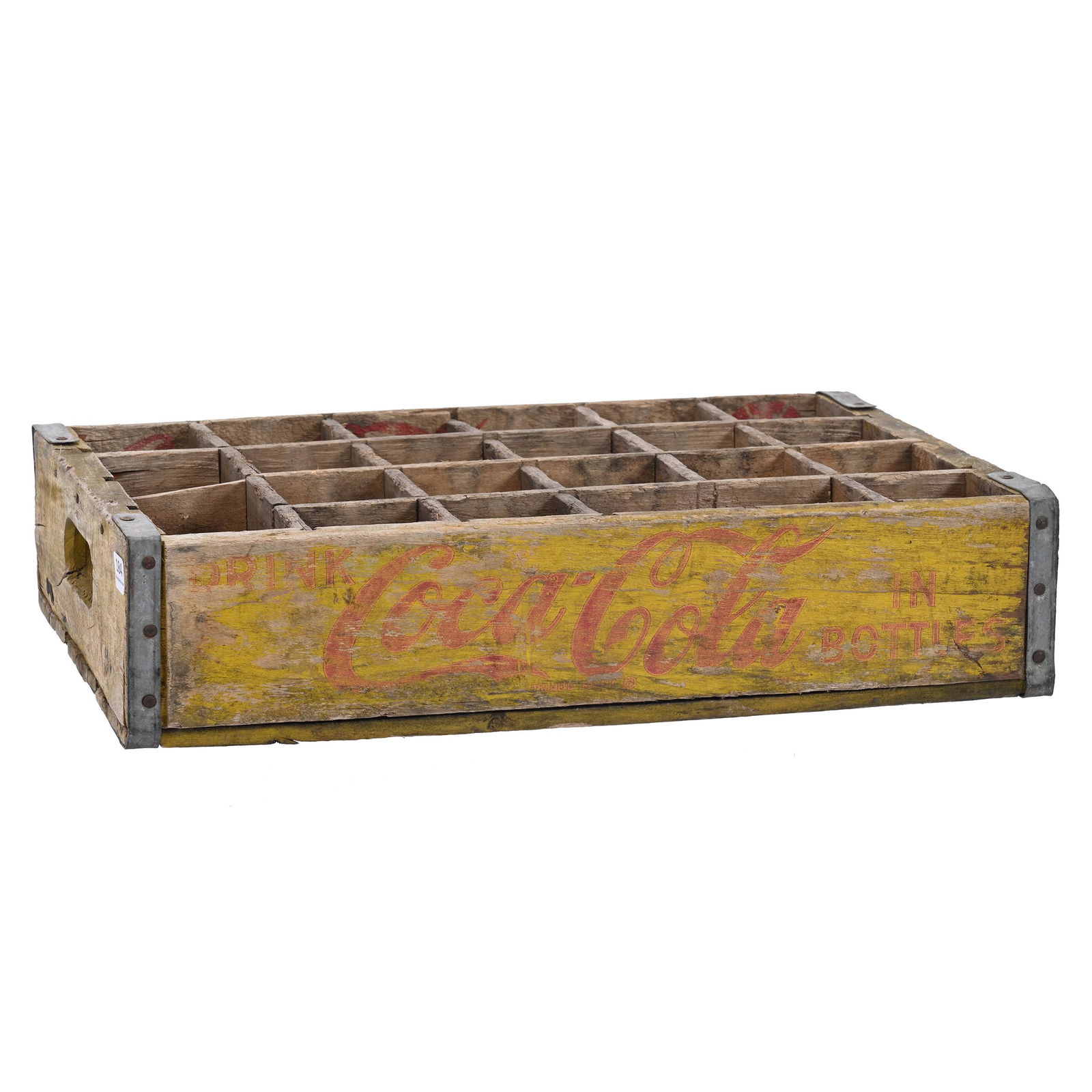 Yellow Wooden Crate, Coca-Cola, 1963: Yellow Wooden Crate, Coca-Cola, 1963, 4" x 12" x 18.5", Individual Dividers, "Drink Coca-Cola In Bottles", Private Collection, Kansas.