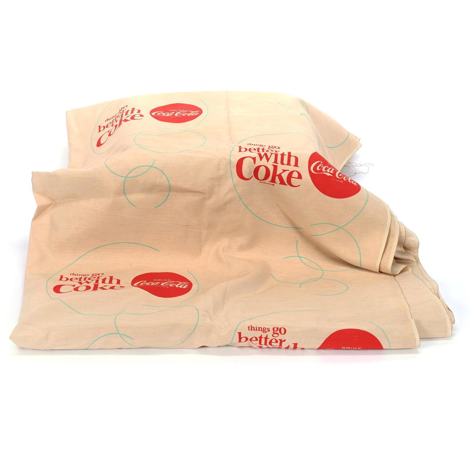 1965 Coca-Cola, Large Piece Of Fabric: 1965 Coca-Cola, Large Piece Of Fabric, "Things Go Better With Coke", Very Rare, Over Seven Yards of 44" Wide Unused Material, Stain In Fabric Near One End, Private Collection, Kansas.