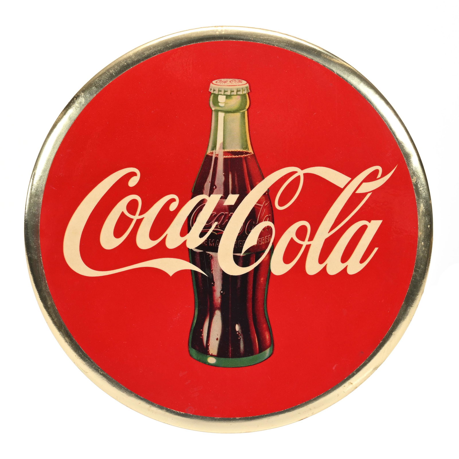 1950's Coca-Cola Picture Of Bottle, Celluloid: 1950's Coca-Cola Picture Of Bottle, Celluloid, 9" diameter, "Coca-Cola", Private Collection, Kansas.
