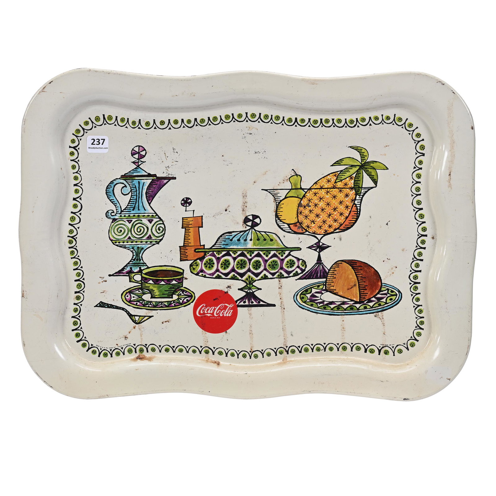 1968 Coca-Cola TV Tray, "Pineapple, Ham, Coffee Cup": 1968 Coca-Cola TV Tray, "Pineapple, Ham, Coffee Cup", 18" x 13", Some Light Staining, Private Collection, Kansas.