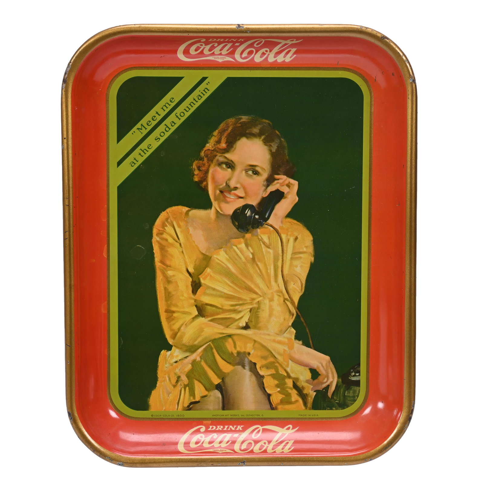 1930 Coca-Cola Tray, Fountain Sales: 1930 Coca-Cola Tray, Fountain Sales, 10" x 13", Girl On Telephone "Meet Me At Soda Fountain", Private Collection, Kansas.