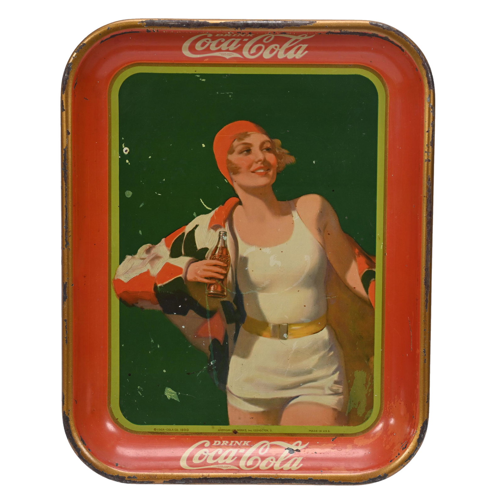 1930 Coca-Cola Tray, Bottle Sales: 1930 Coca-Cola Tray, Bottle Sales, 10" x 13", "Swimsuit Girl, Red Cap, Bottle", Some Surface And Edge Wear, Private Collection, Kansas.