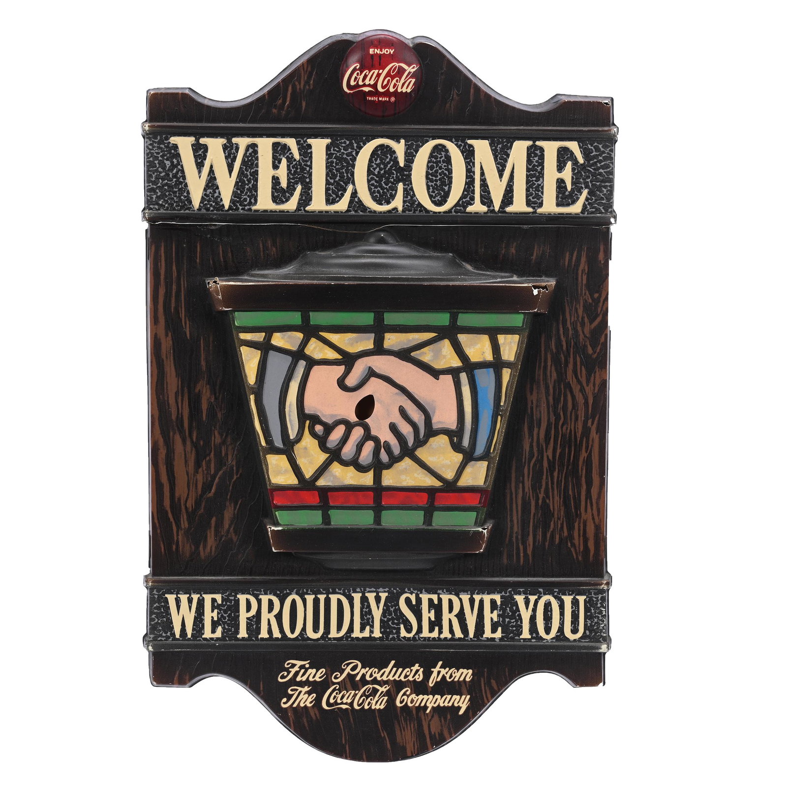 1960's Coca-Cola Vacuform Sign, Friendship, Handshake: 1960's Coca-Cola Vacuform Sign, Friendship, Handshake, 15" x 9", "Welcome We Proudly Serve You", Sign Has Cardboard Backing, Hard To See Crack, Some Small Holes On Edge, Private Collection, Kansas.