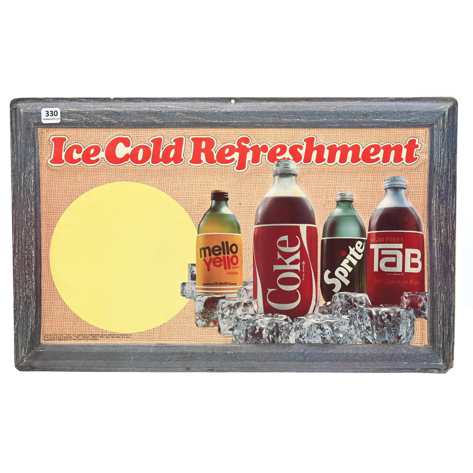 1970's Coca-Cola Vacuform Sign, Double-Sided, Hanger: 1970's Coca-Cola Vacuform Sign, Double-Sided, Hanger, 21" x 13", Advertising Coca-Cola, Sprite, Tab And Mello Yello, Private Collection, Kansas.