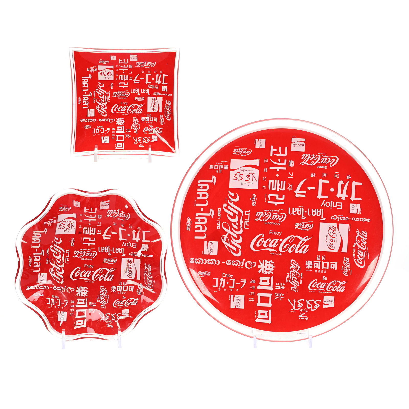1960's Coca-Cola Set Of (3) Glass Red International Dishes (1 of 2)