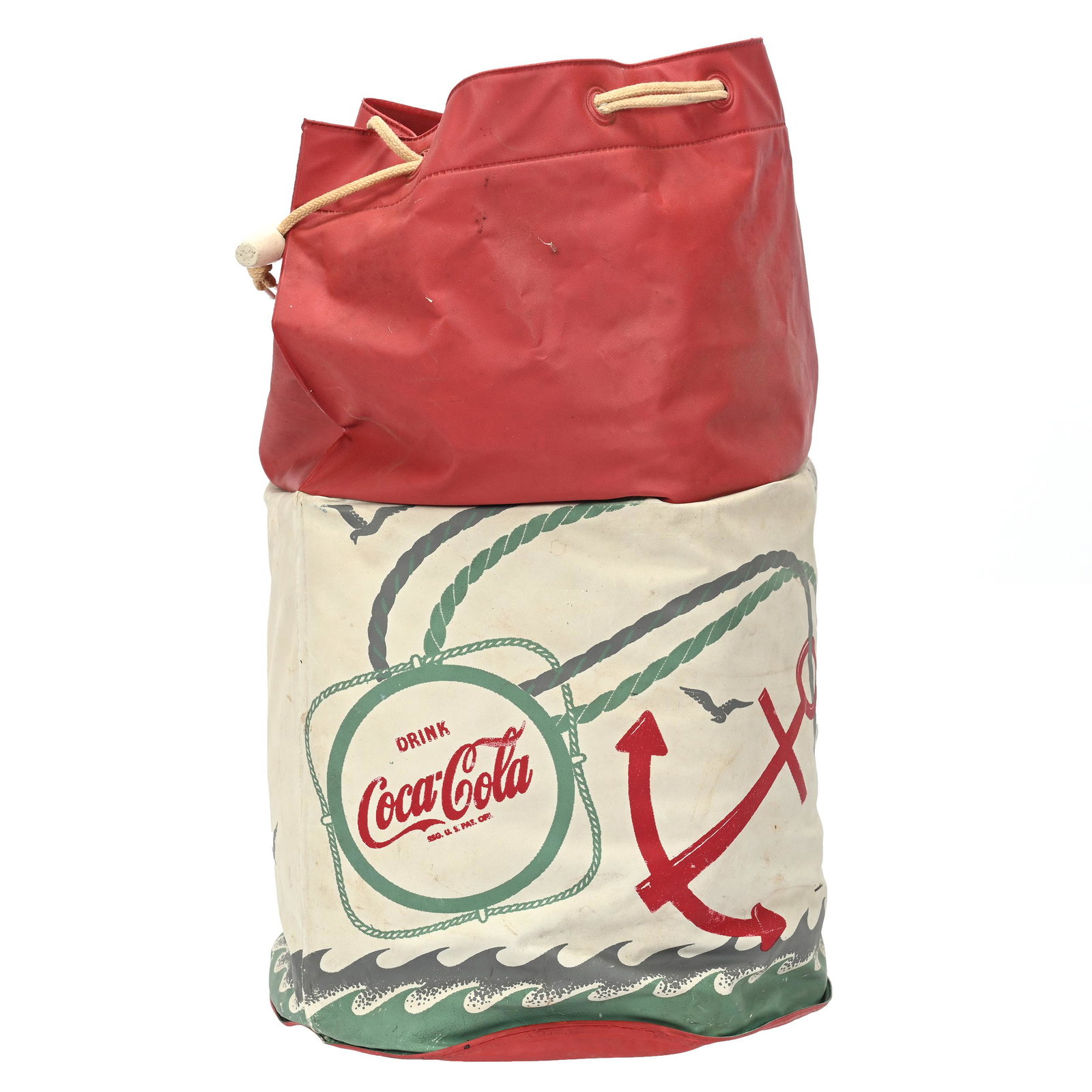 Duffle Boat Cooler By Nappy, Coca-Cola, 1960's: Duffle Boat Cooler By Nappy, Coca-Cola, 1960's, 17" x 9", Vinyl, Drawstring, 2.5 Gallons, "Drink Coca-Cola" With Anchor, Some White Rub Marks On One Side, Private Collection, Kansas.