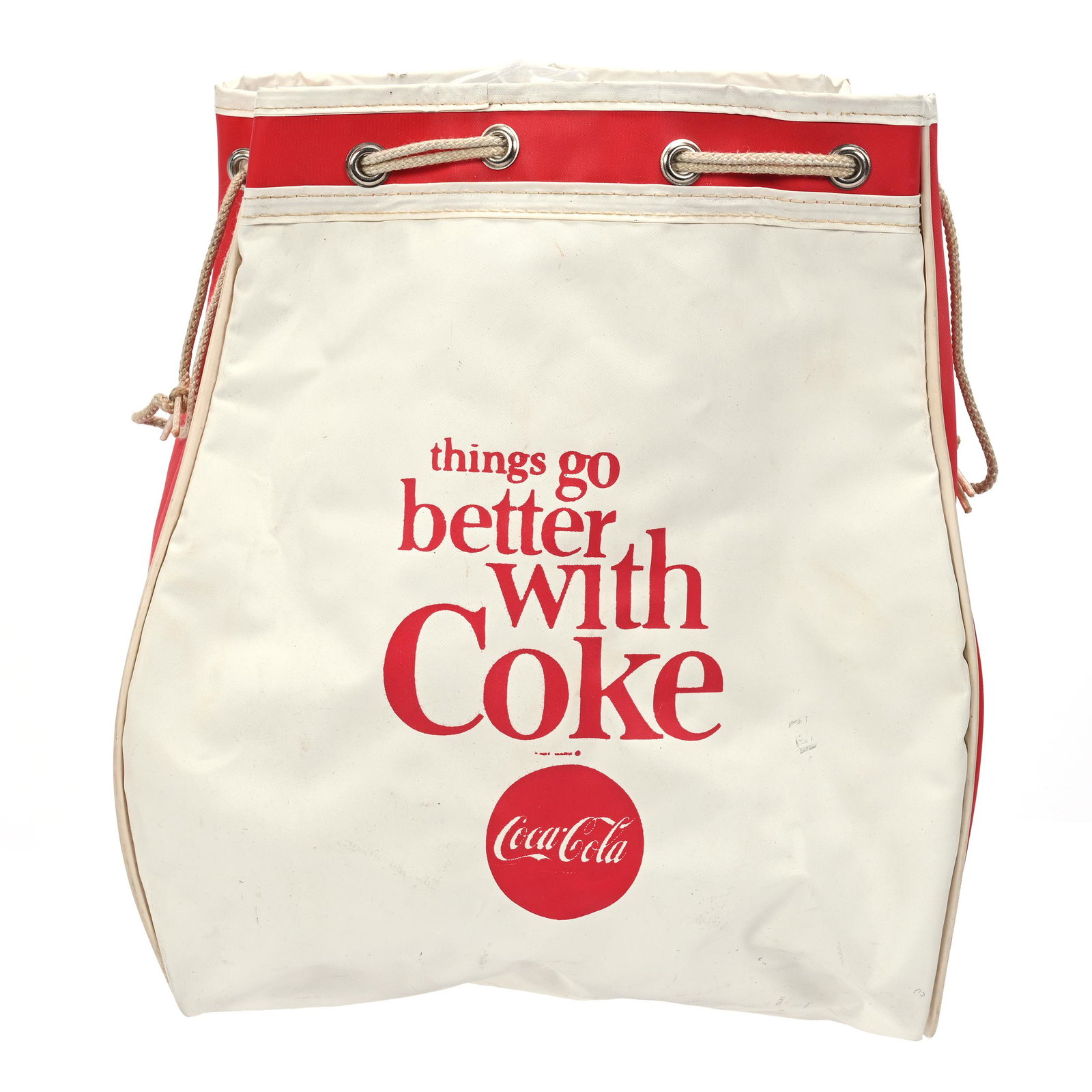 Drawstring Cooler, Coca-Cola, 1960's: Drawstring Cooler, Coca-Cola, 1960's, 12" x 10", "Things Go Better With Coke", White With Red, Private Collection, Kansas.