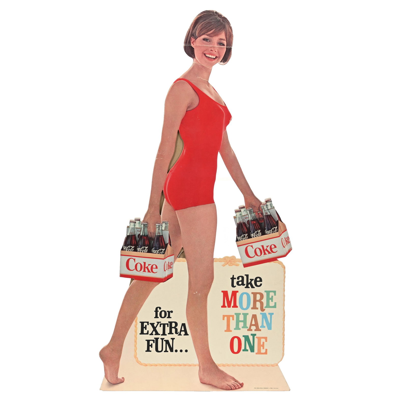 1963 Coca-Cola Cardboard Sign, Die Cut, Easel Back: 1963 Coca-Cola Cardboard Sign, Die Cut, Easel Back, 15" x 30", "For Extra Fun Take More Than One", Private Collection, Kansas.