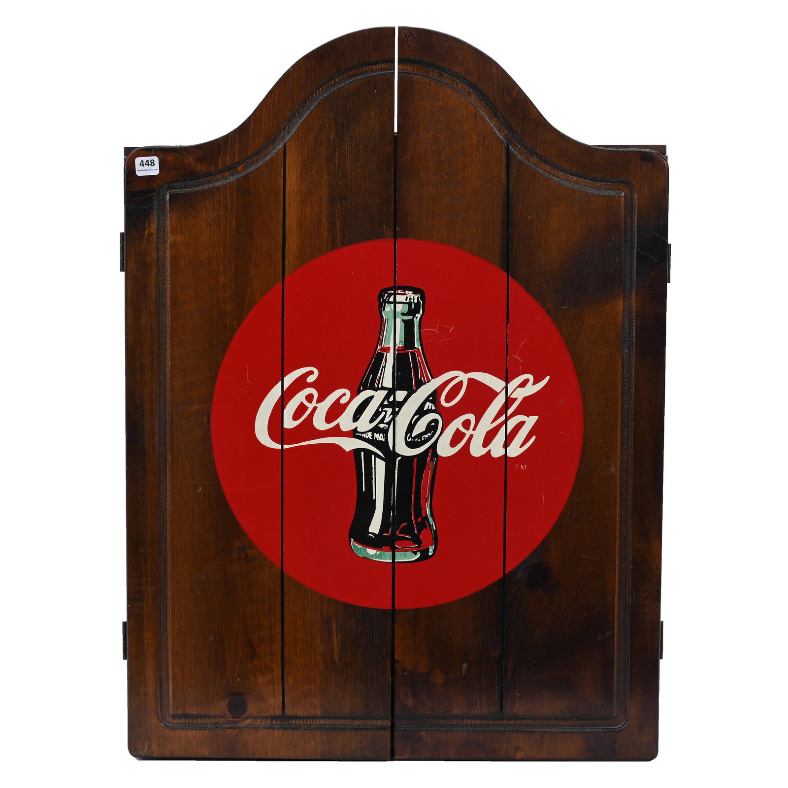 Coca-Cola Wooden Two Door Dart Board: Coca-Cola Wooden Two Door Dart Board, 28" x 20" When Closed, With Darts, Private Collection, Kansas.
