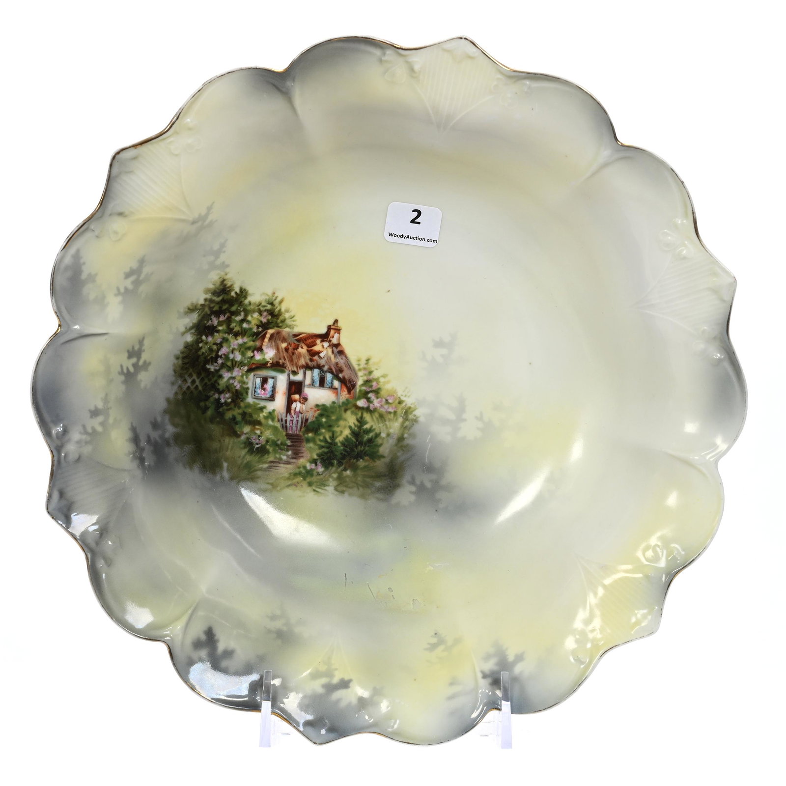 Bowl Marked R.S. Prussia: Bowl Marked R.S. Prussia, 11", Yellow And Gray Tones, Cottage Scenic Decor, Light Surface Scratch Marks, Marvin & Kay Kraus, NE.