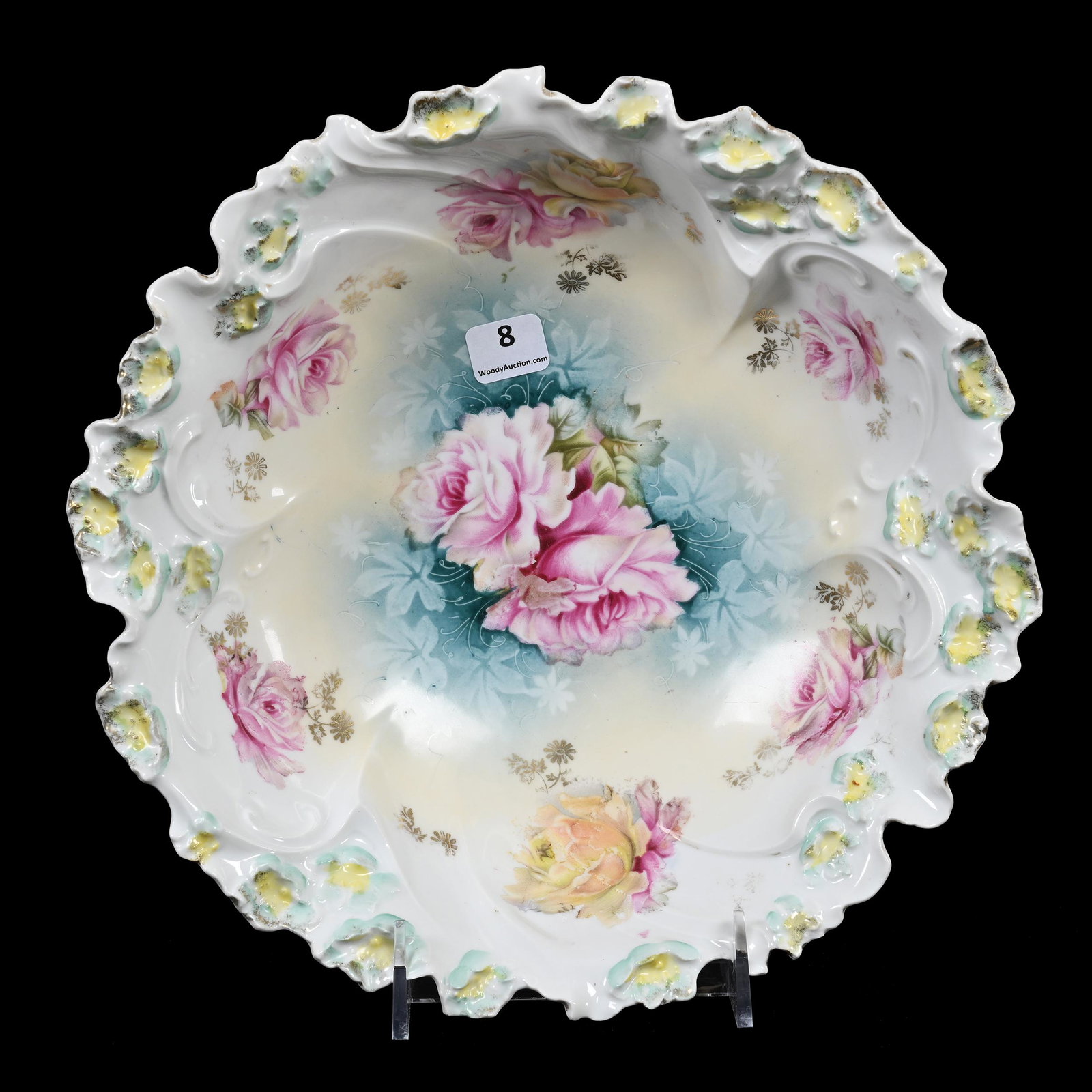 Bowl, Unmarked R.S. Prussia: Bowl, Unmarked R.S. Prussia, 10.5", Floral Mold, Cream, Green And White Tones, Pink And Yellow Rose Decor, Marvin & Kay Kraus, NE.