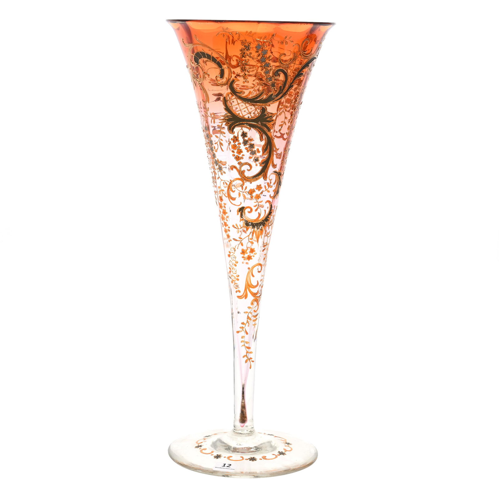 Trumpet Vase, Apricot To Clear Art Glass: Trumpet Vase, Apricot To Clear Art Glass, 17.5" x 6.75", Optic Rib, Heavy Enamel Scroll And Floral Decor, Elfriede & Marvin Miller Estate, ND.